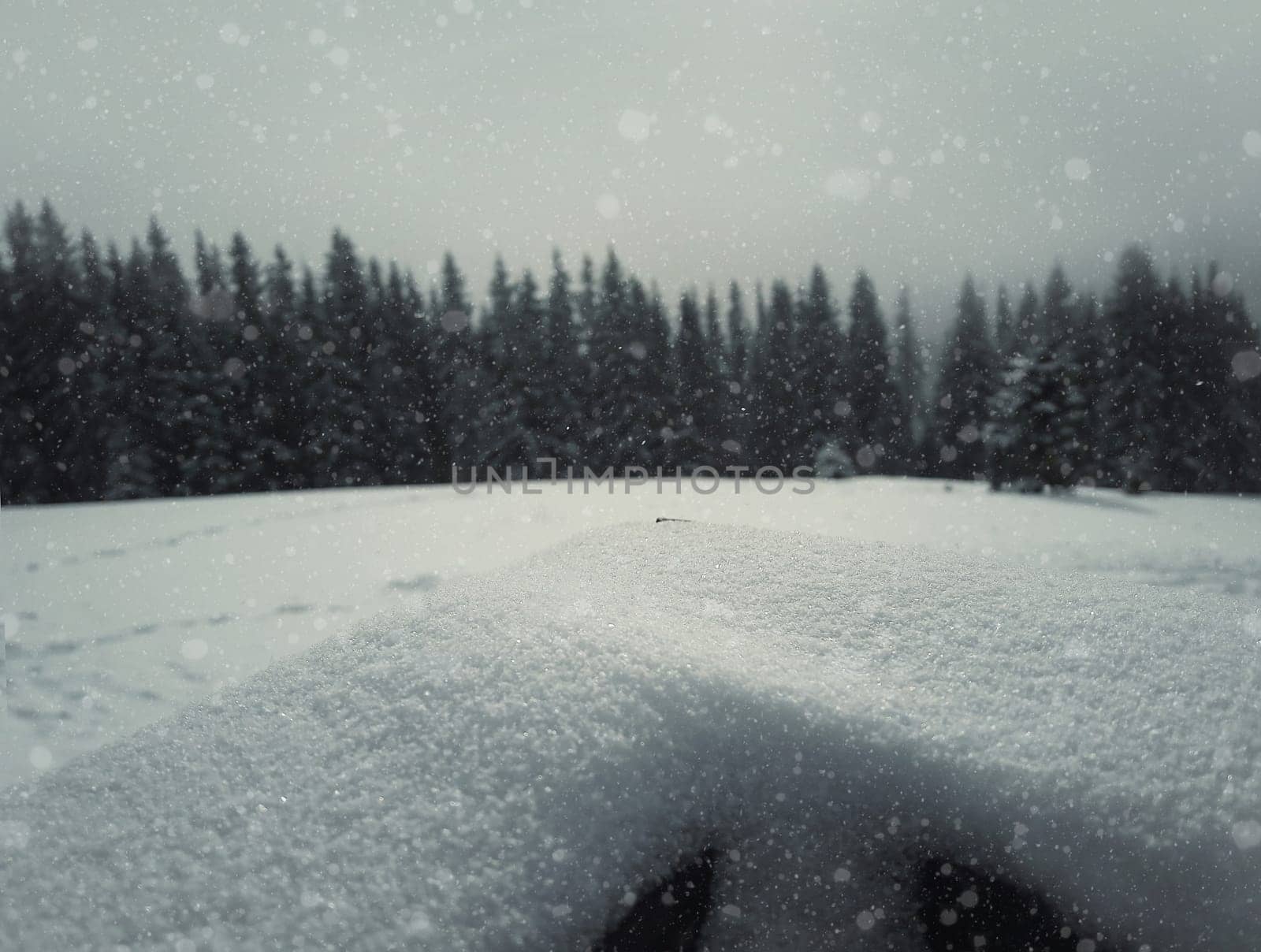 Wooden fence covered with snow on a beautiful mountains background with fir forest and falling snowflakes.