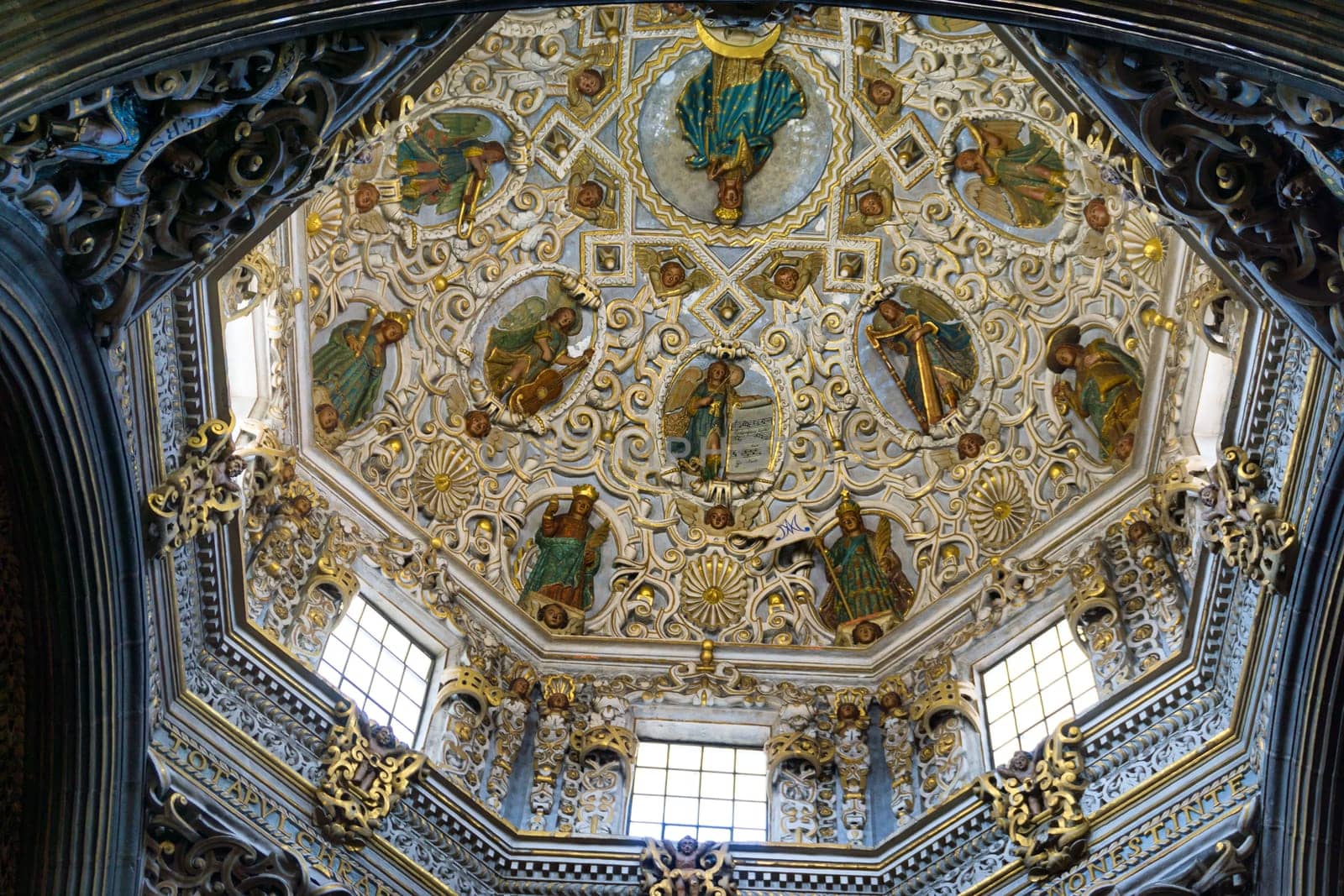 PUEBLA, MEXICO - MARCH 2: Impressive colonial architecture on the roof inside of catholic church in Puebla, Mexico on March 2, 2017
