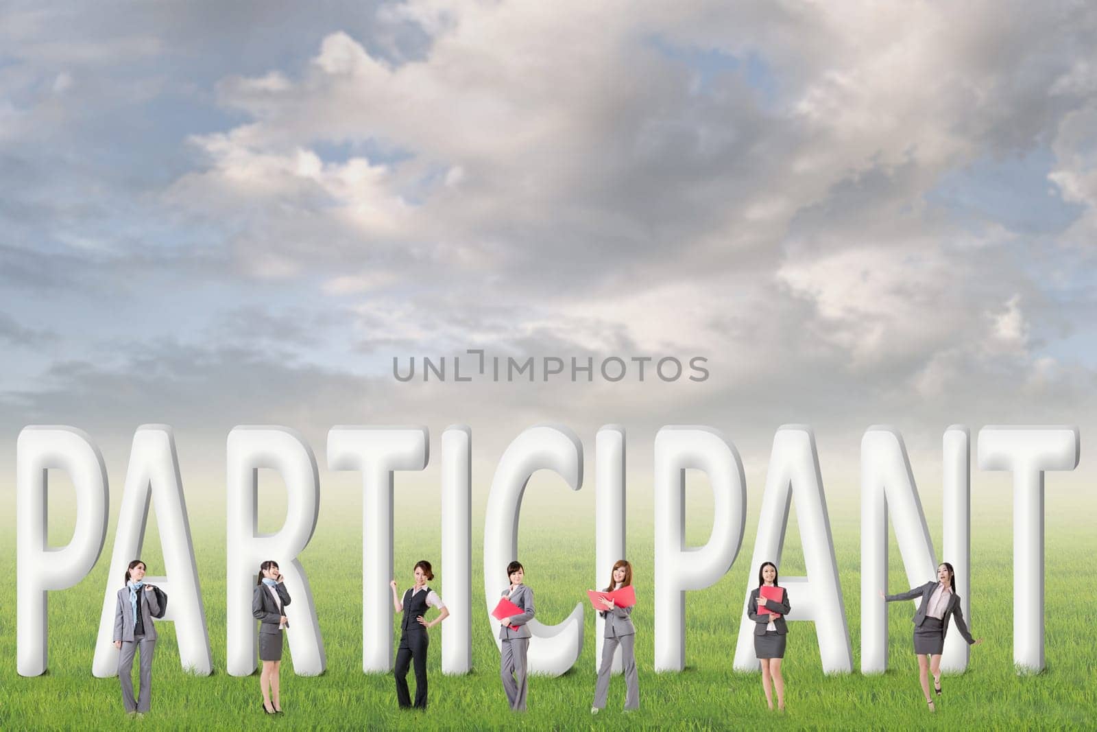 Concept of partner, friends,collaborate with group of business people stand with 3d text.