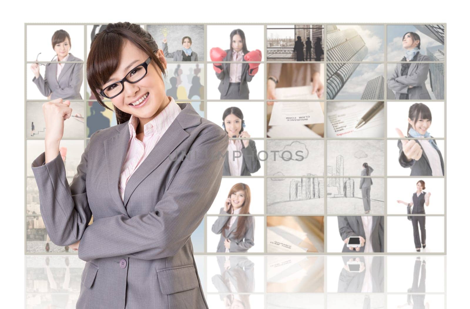Cheerful Asian business woman standing in front of TV screen wall, closeup portrait.