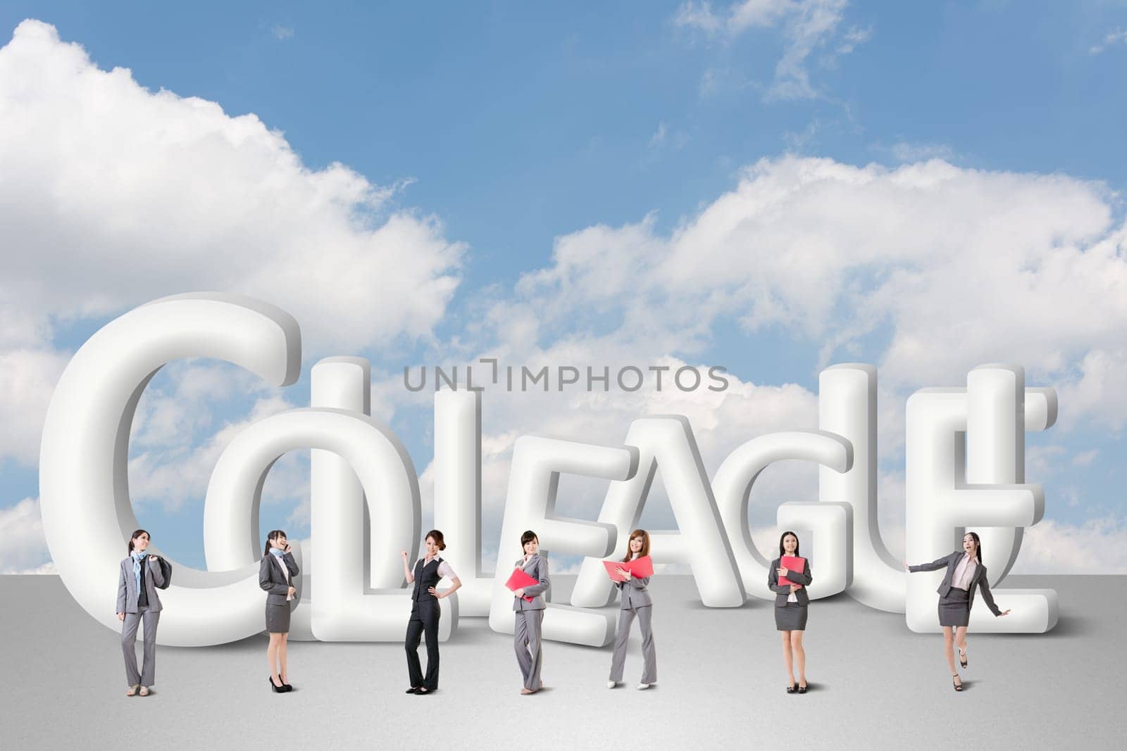 Concept of partner, friends,collaborate with group of business people stand with 3d text.