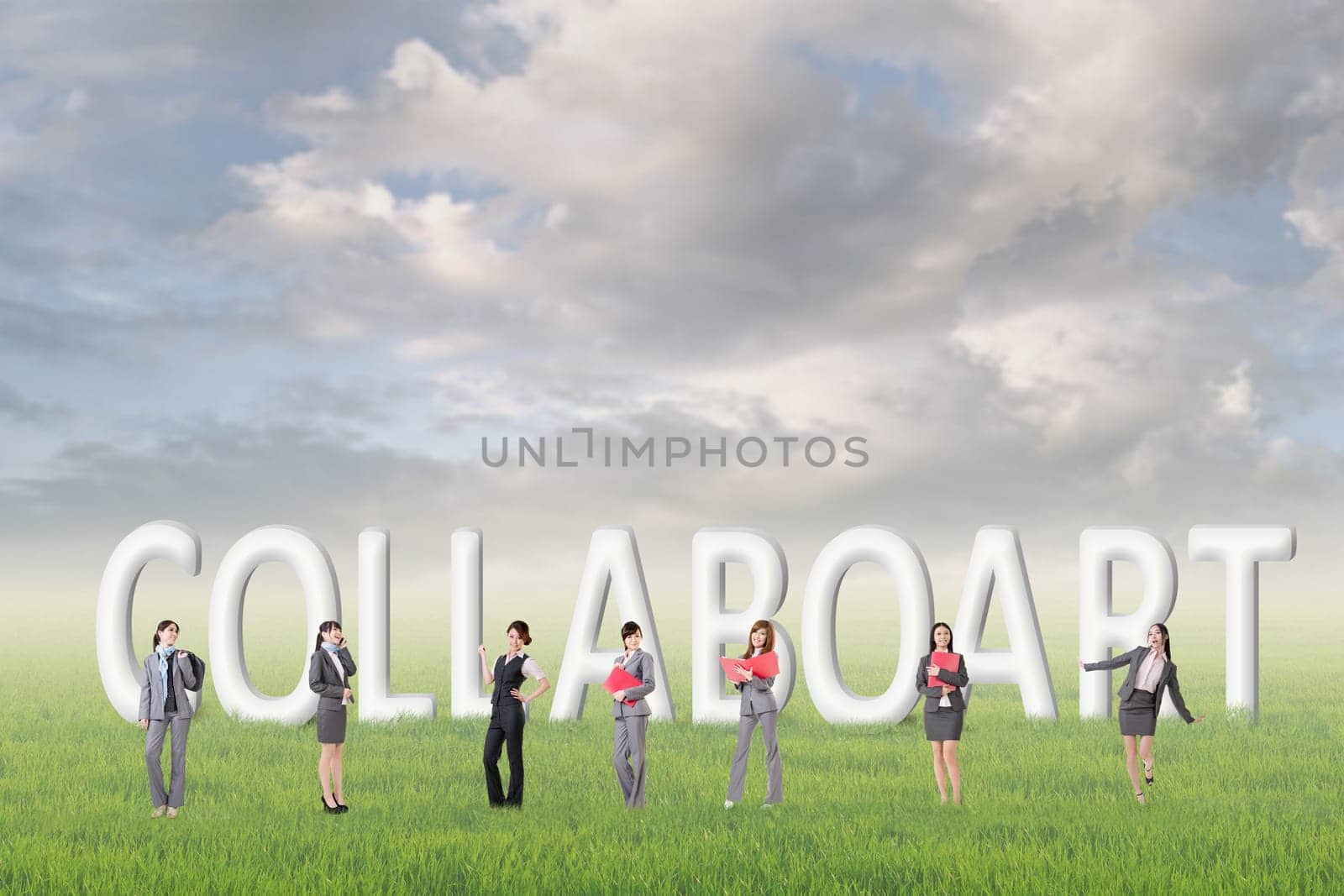Concept of partner, friends,collaborate with group of business people stand with 3d text.