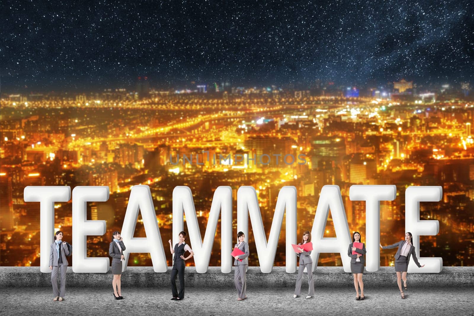 Concept of partner, friends,collaborate with group of business people stand with 3d text.