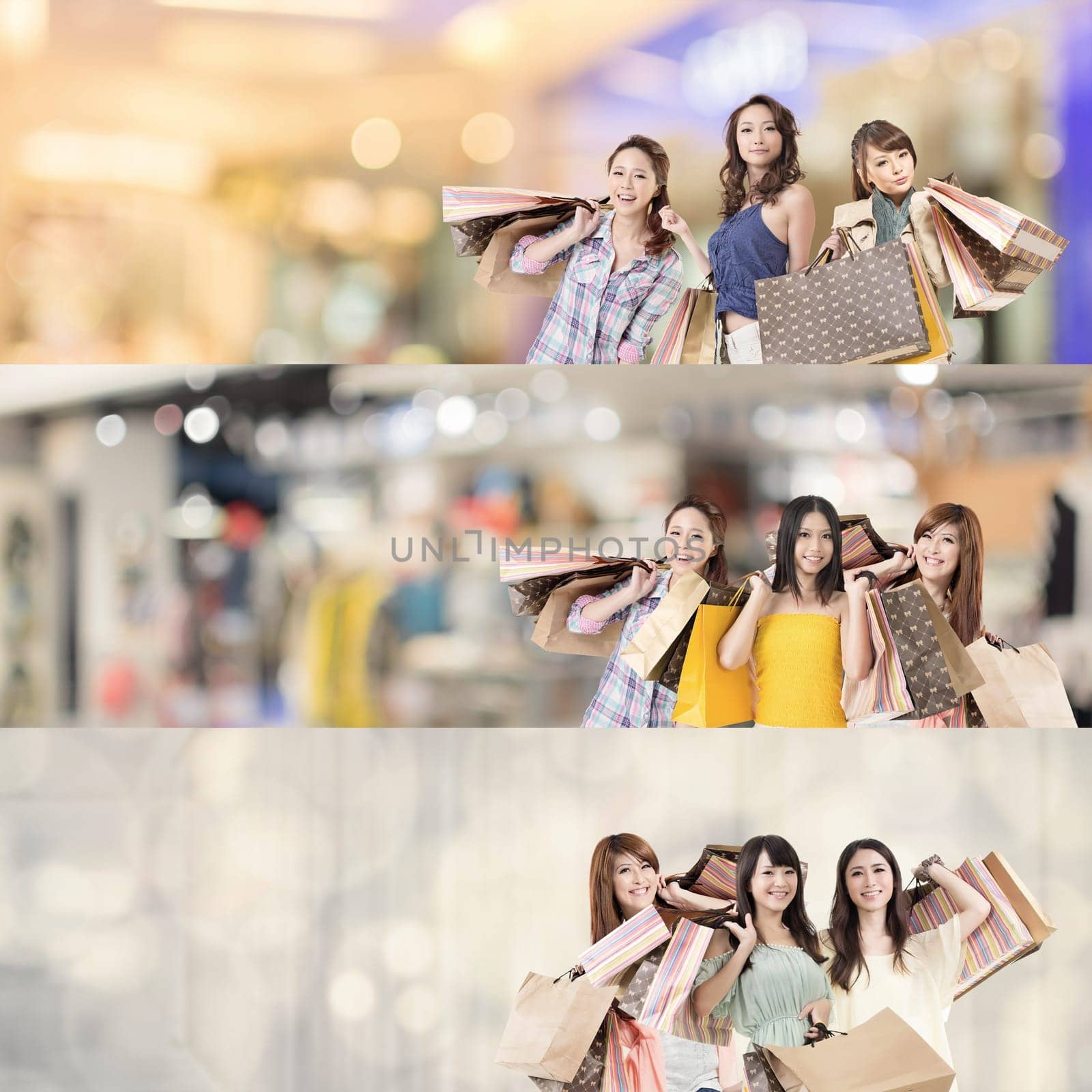 Asian woman shopping, collection from 7 different people, good for web advertisement or the bar.