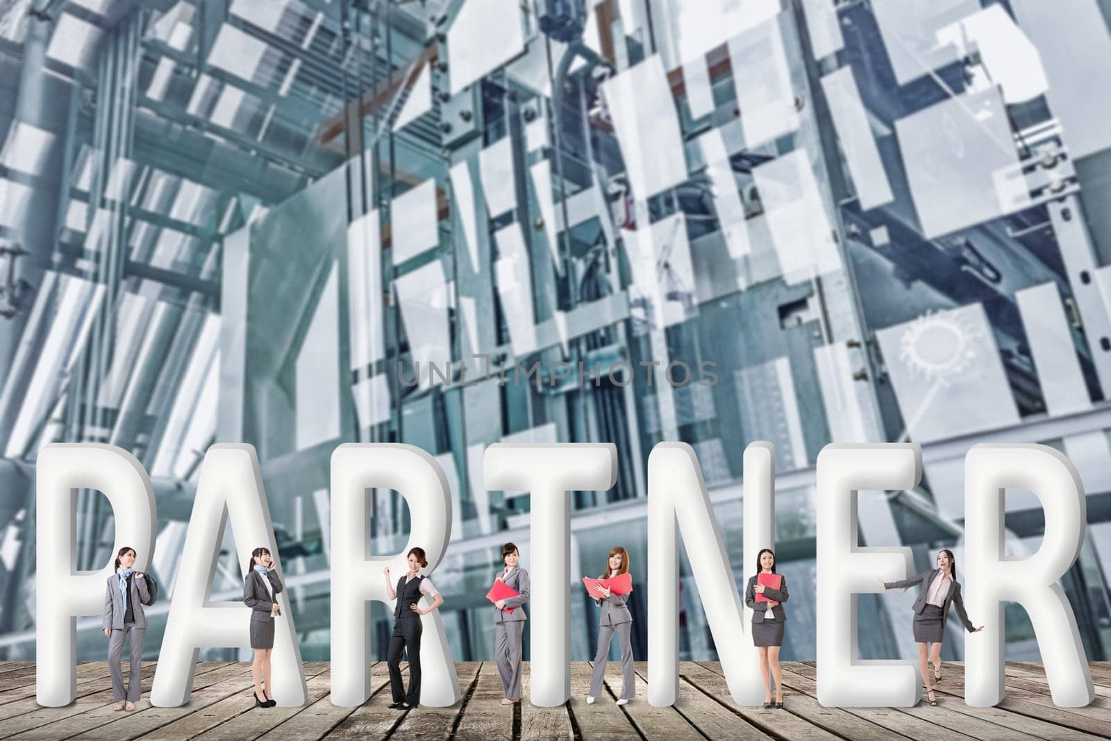 Concept of partner, friends,collaborate with group of business people stand with 3d text.