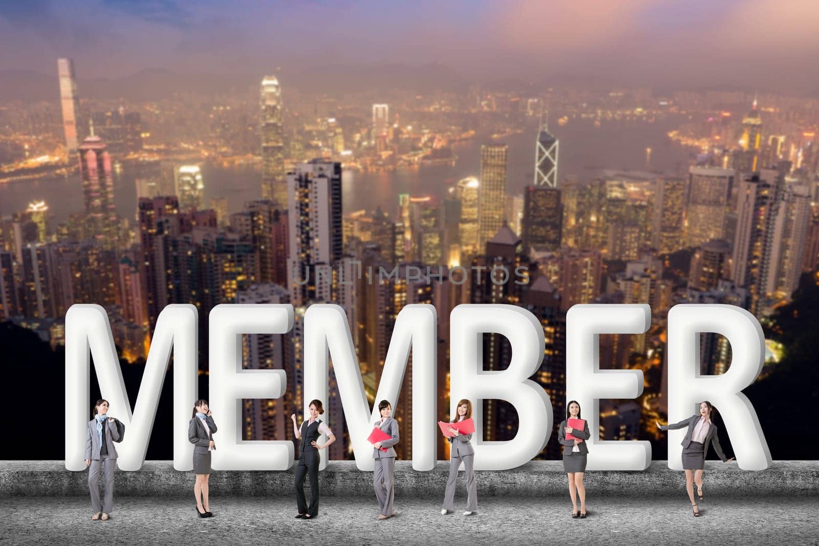 Concept of partner, friends,collaborate with group of business people stand with 3d text.