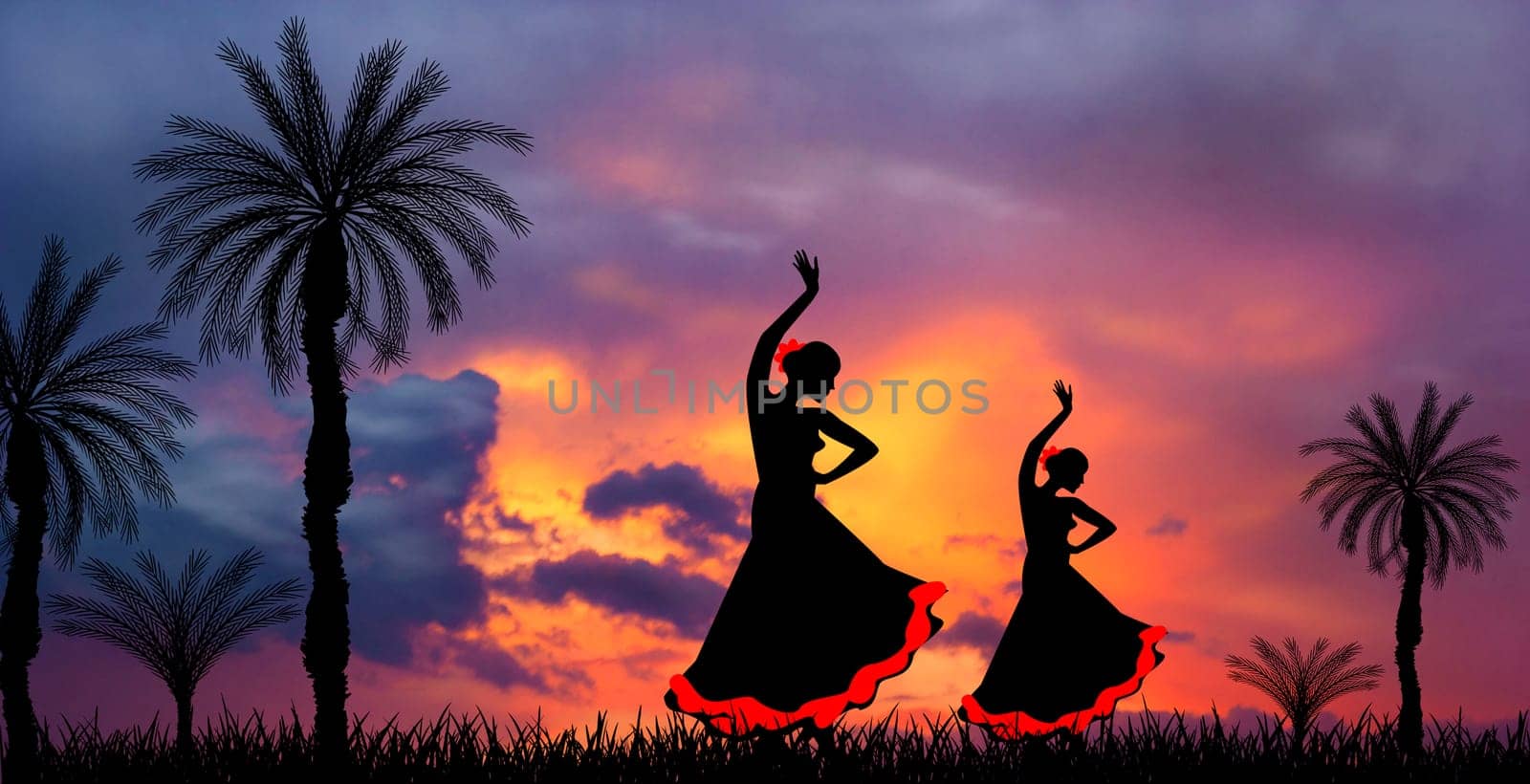 Two girls are dancing flamenco. Silhouettes of girls dancing flamenco. Sunset shines before a thunderstorm.