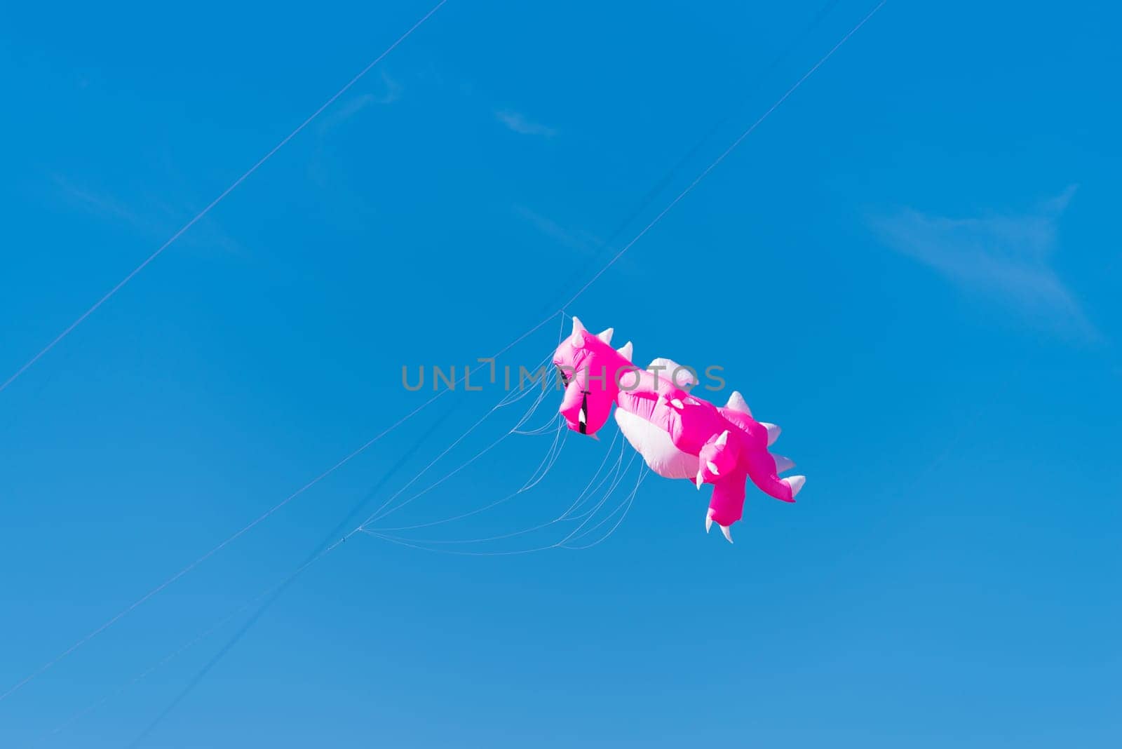 pink dragon shaped kite against a blue sky