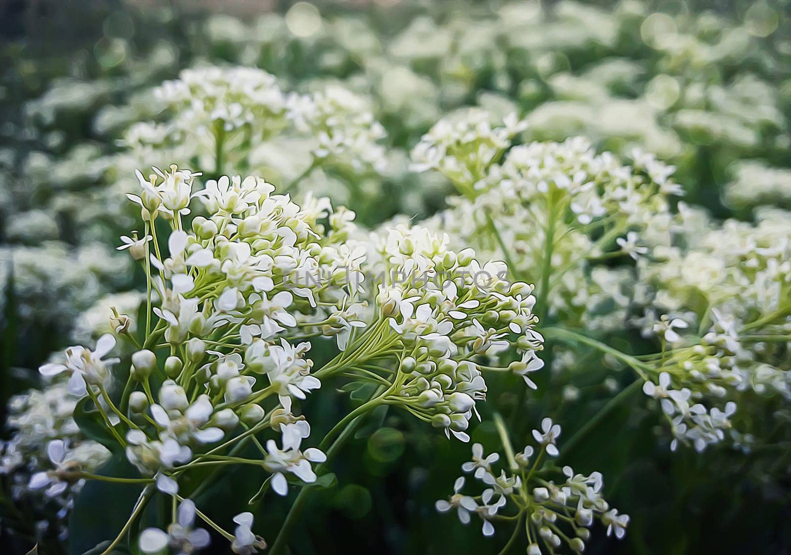 Meadow with white flowers. Spring illustration