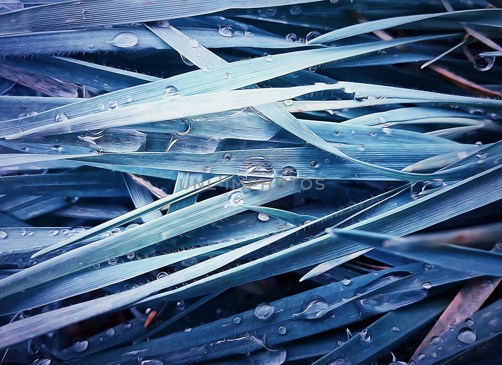 Abstract illustration of fresh, blue grass with water drops