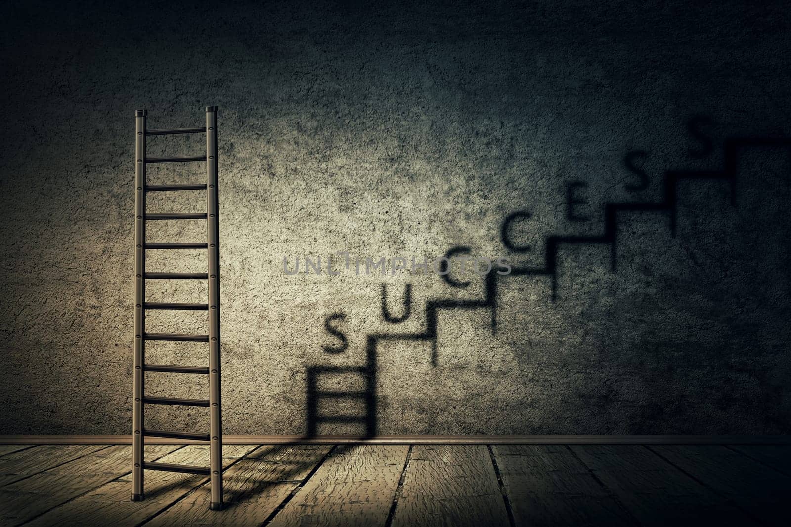 Creative idea concept with ladder in a dark room casting a shadow in a staircase shape as an infinite rise. Business aspirations, ambitions and success. Magical transformation.
