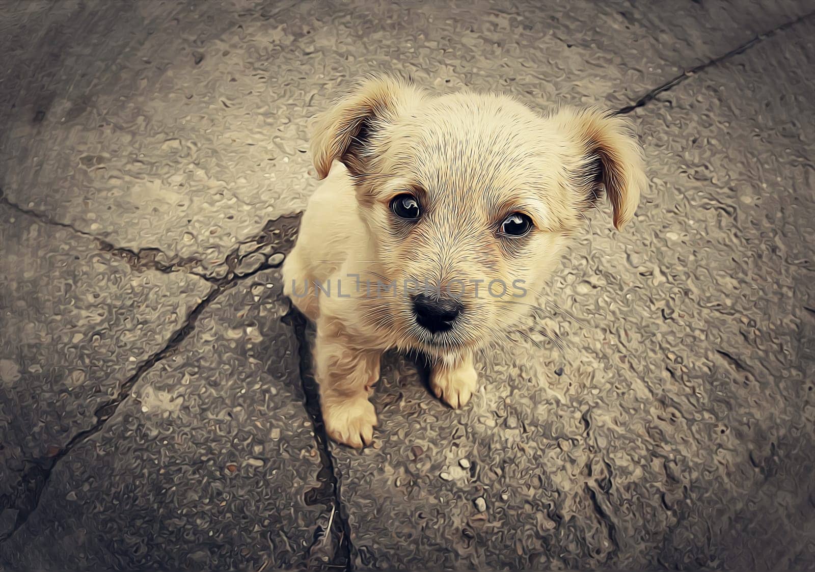 Illustration of a little homeless puppy in the street