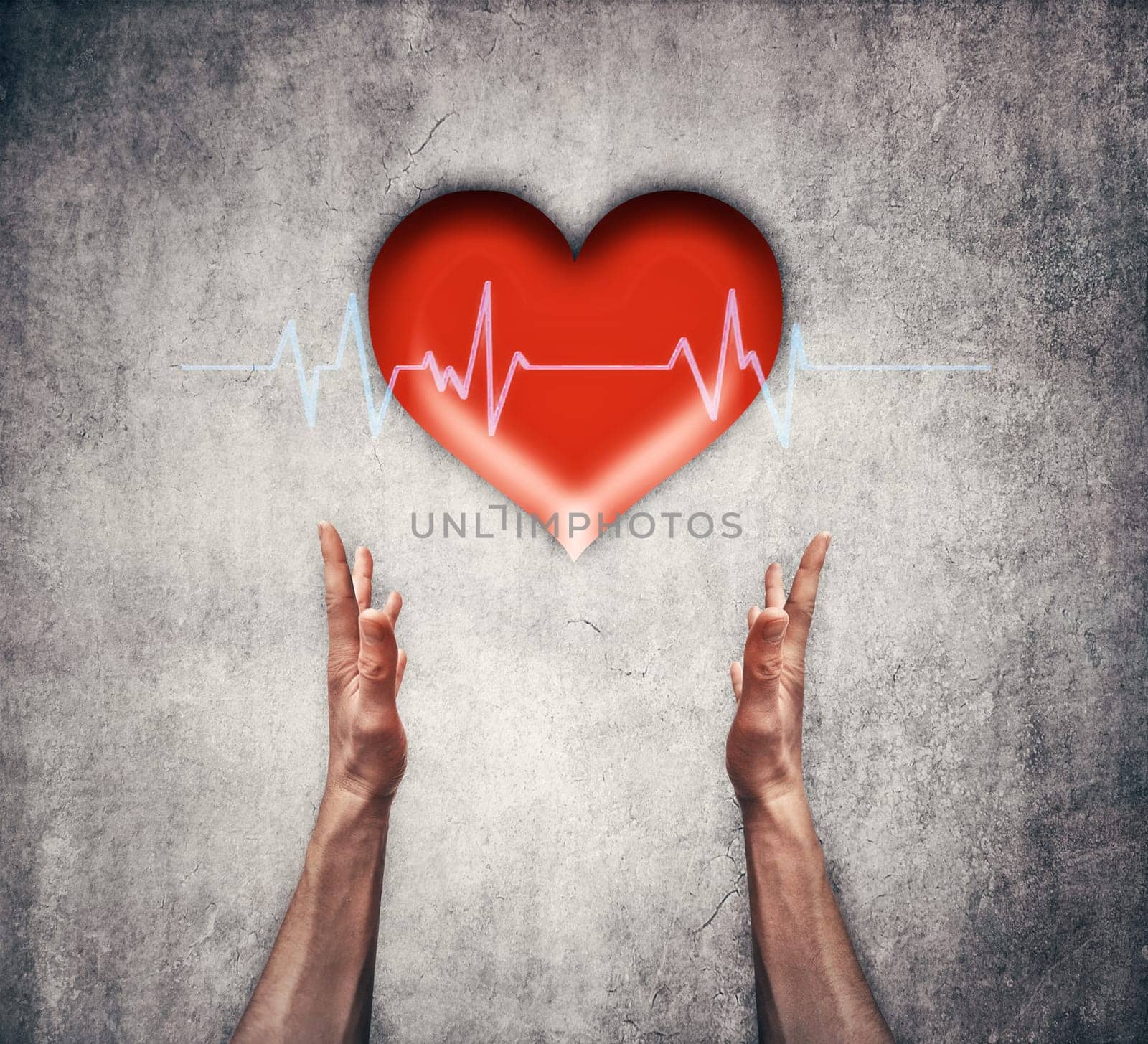 Closeup of two human hands holding a red heart with ecg line. Healthcare, medicine and charity concept