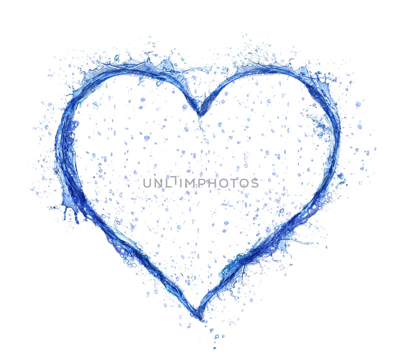 Blue water splash heart isolated on white background. Love symbol.