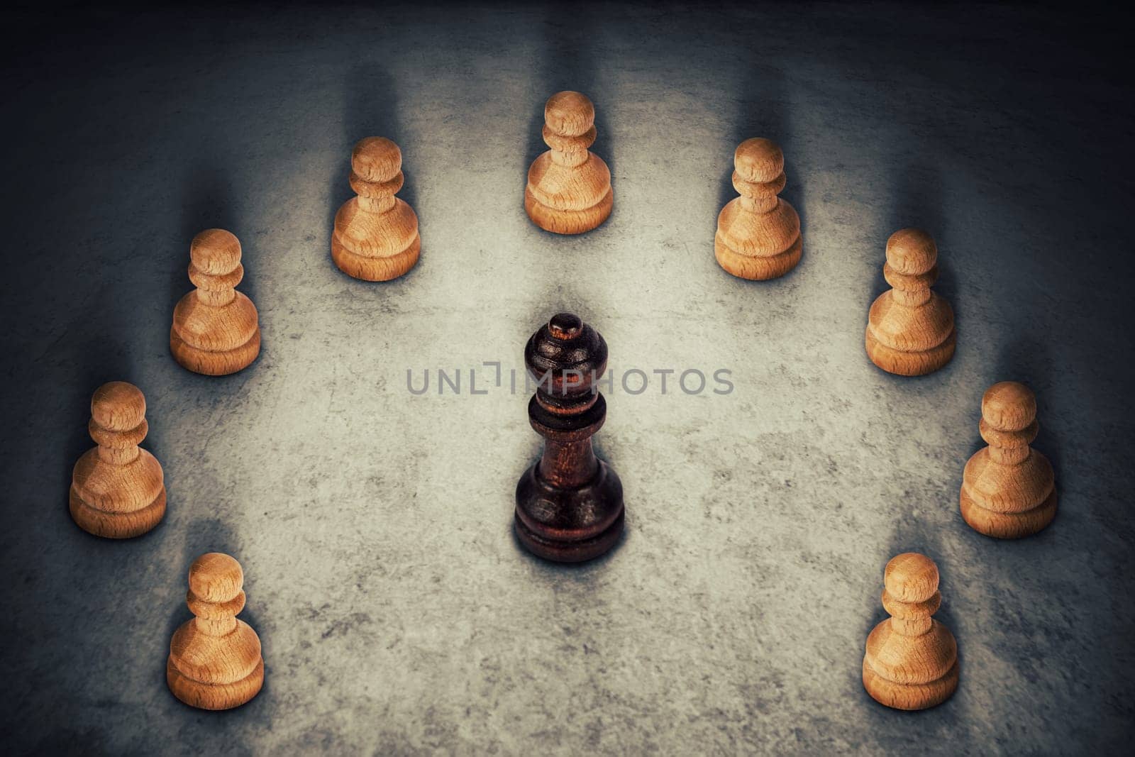 Black queen chess piece surrounded by white pawns joining their power together. Business group leadership and team working symbol.