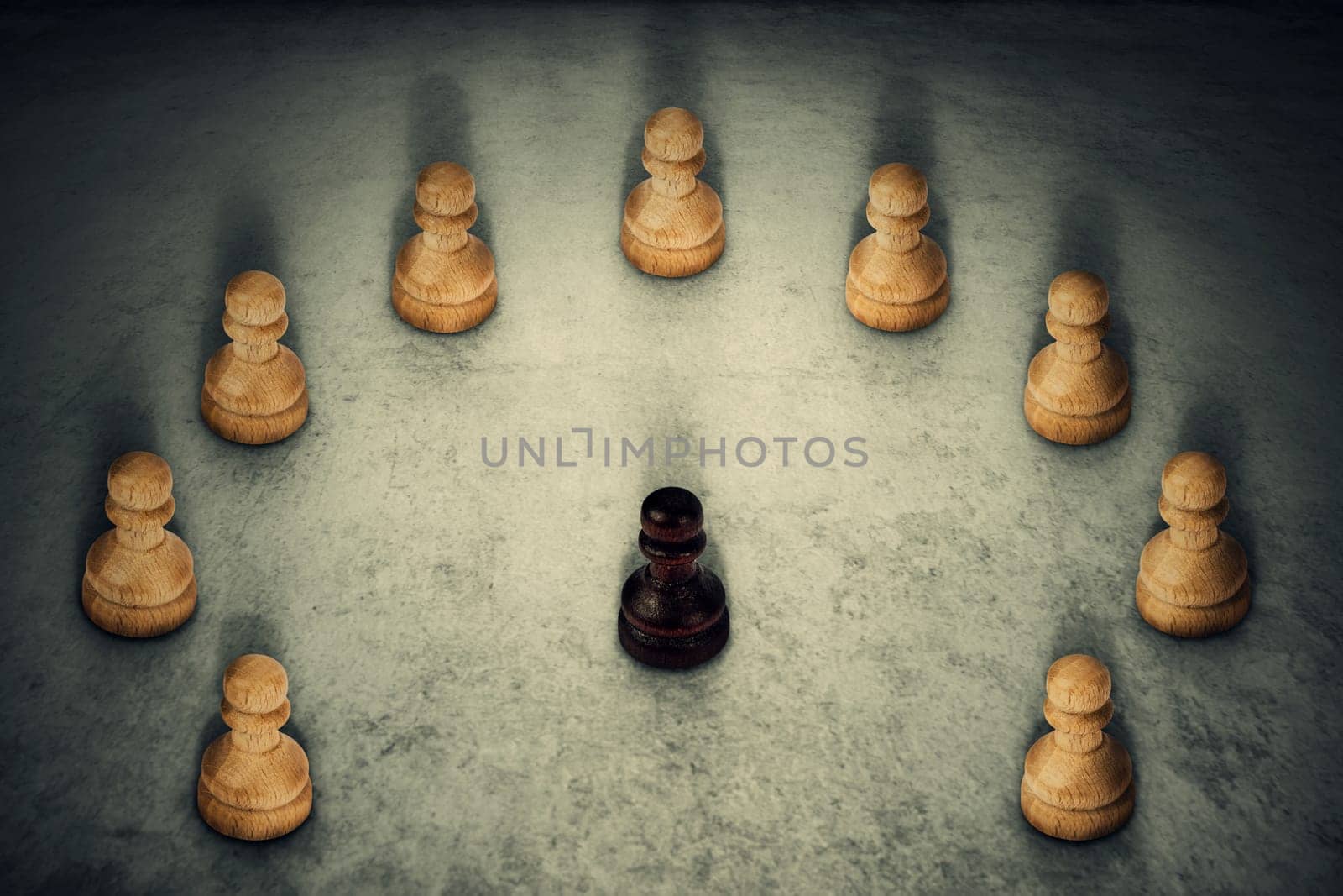 Black chess pawn piece surrounded by white ones joining their power together. Business group leadership and team working symbol. Racism or bullying concept