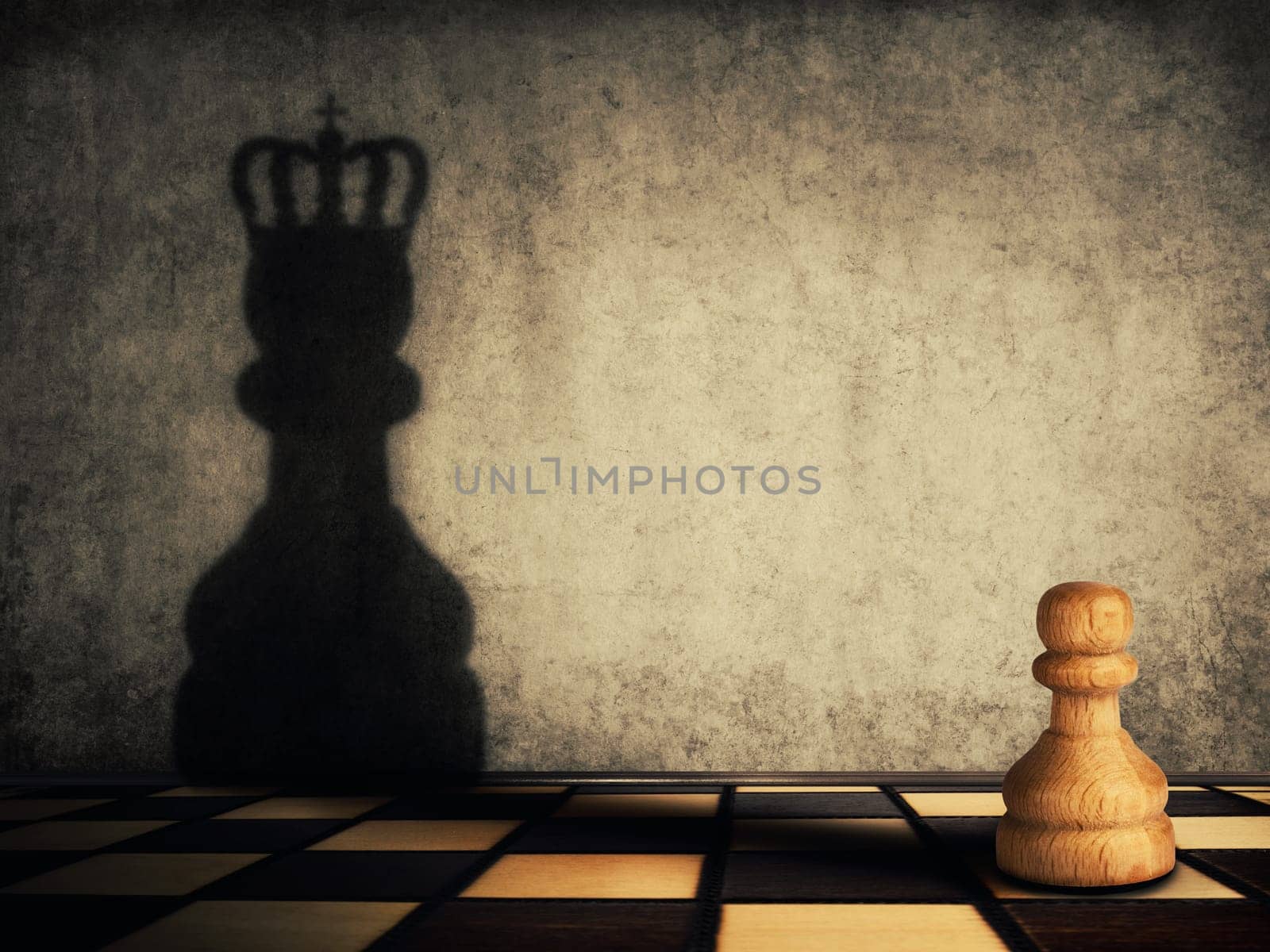Pawn chess piece glorification, casting a shadow of coronation on a concrete wall. Business aspirations and leadership concept. Magical transformation, become a king.