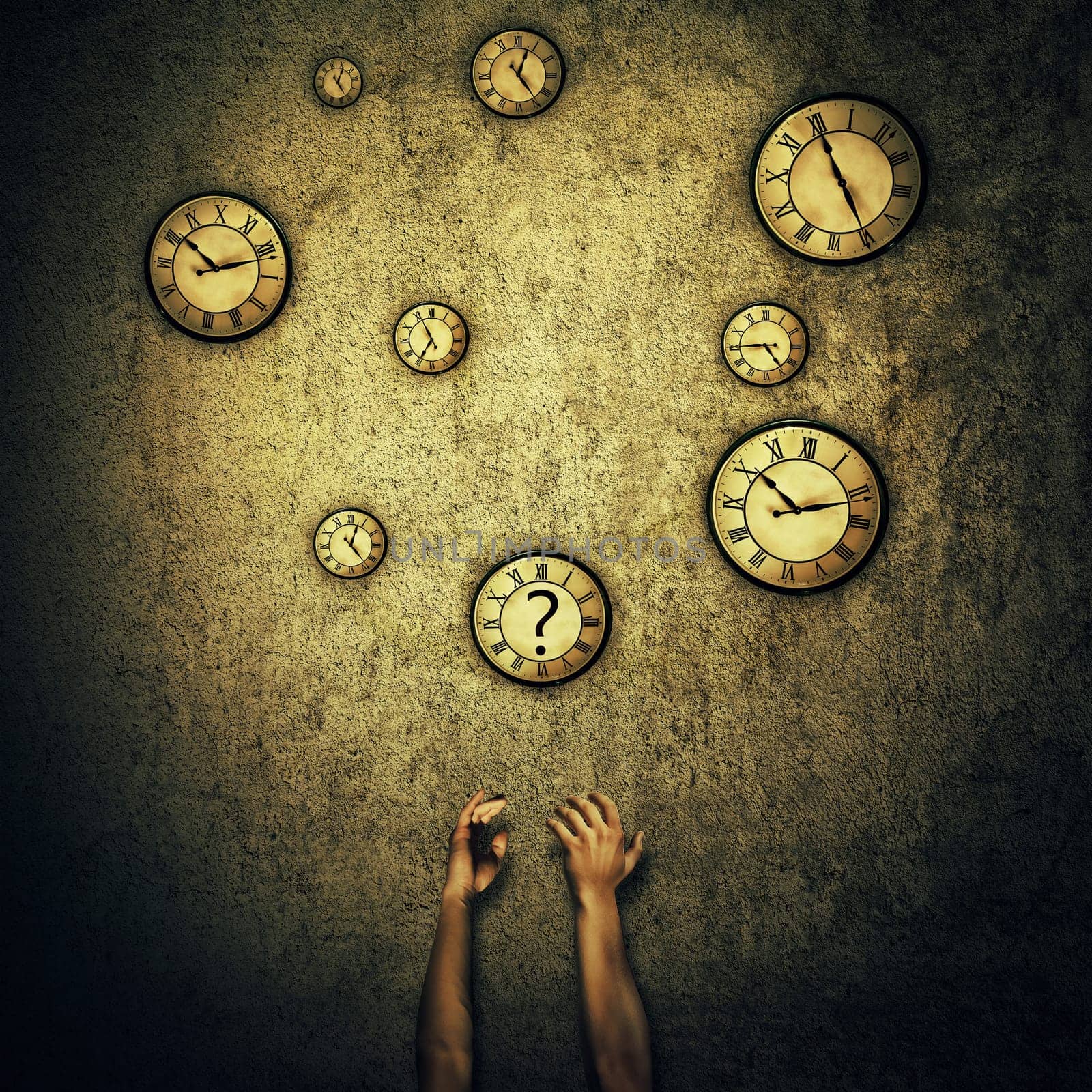 Abstract idea as human hands stretched out and juggling with a lot of clocks set to different times. Wealth and success symbol. Hour perception and time travel concept.