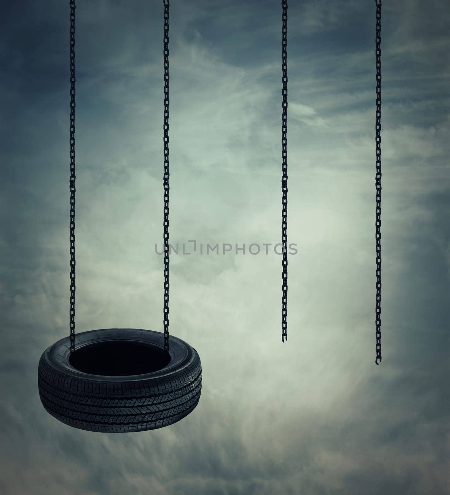 Two swings on a cloudy sky background, one whole and another broken. Adventure. leadership and opposition concept.