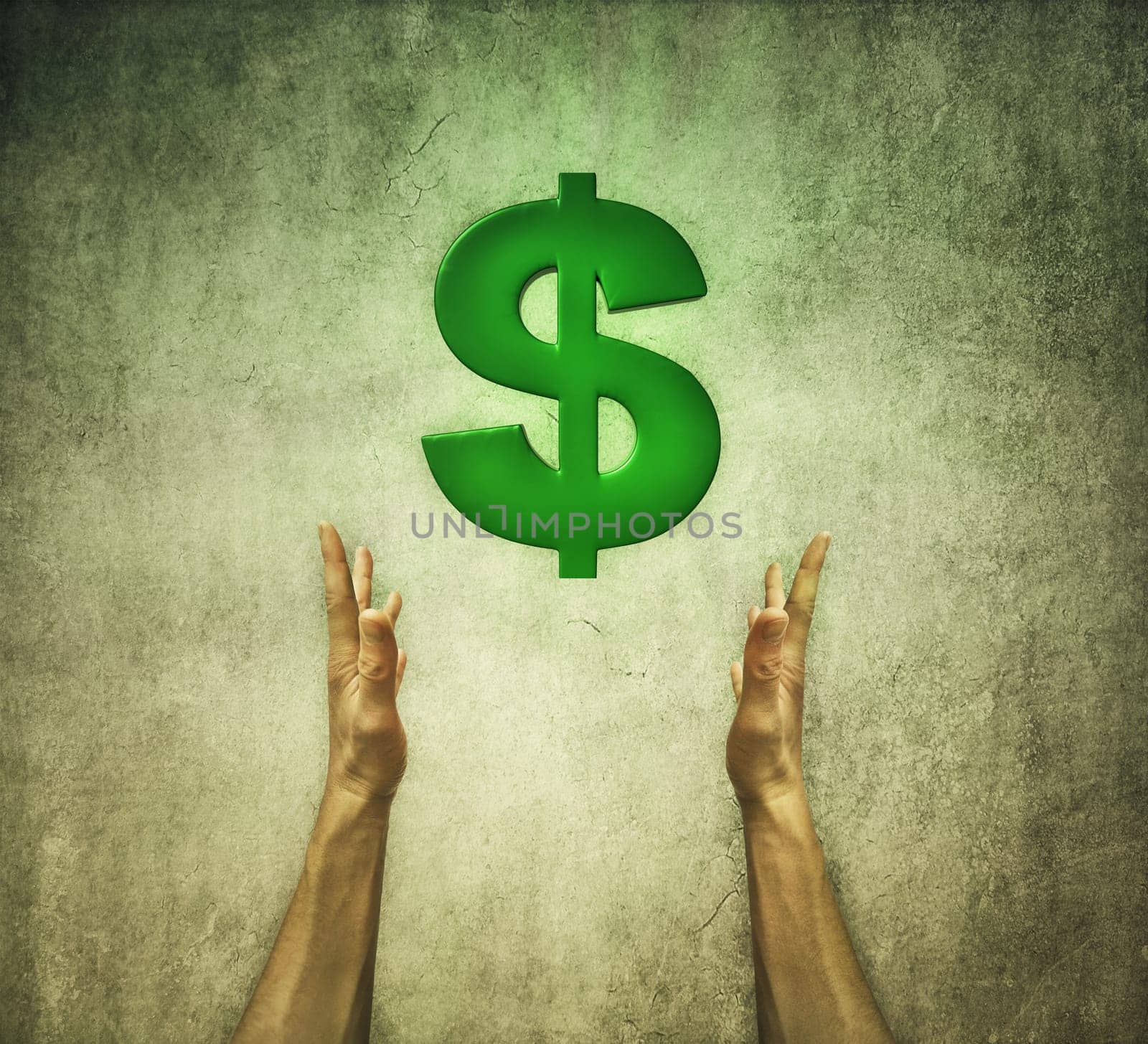 Closeup of two human hands holding a green dollar sign. Financial concept