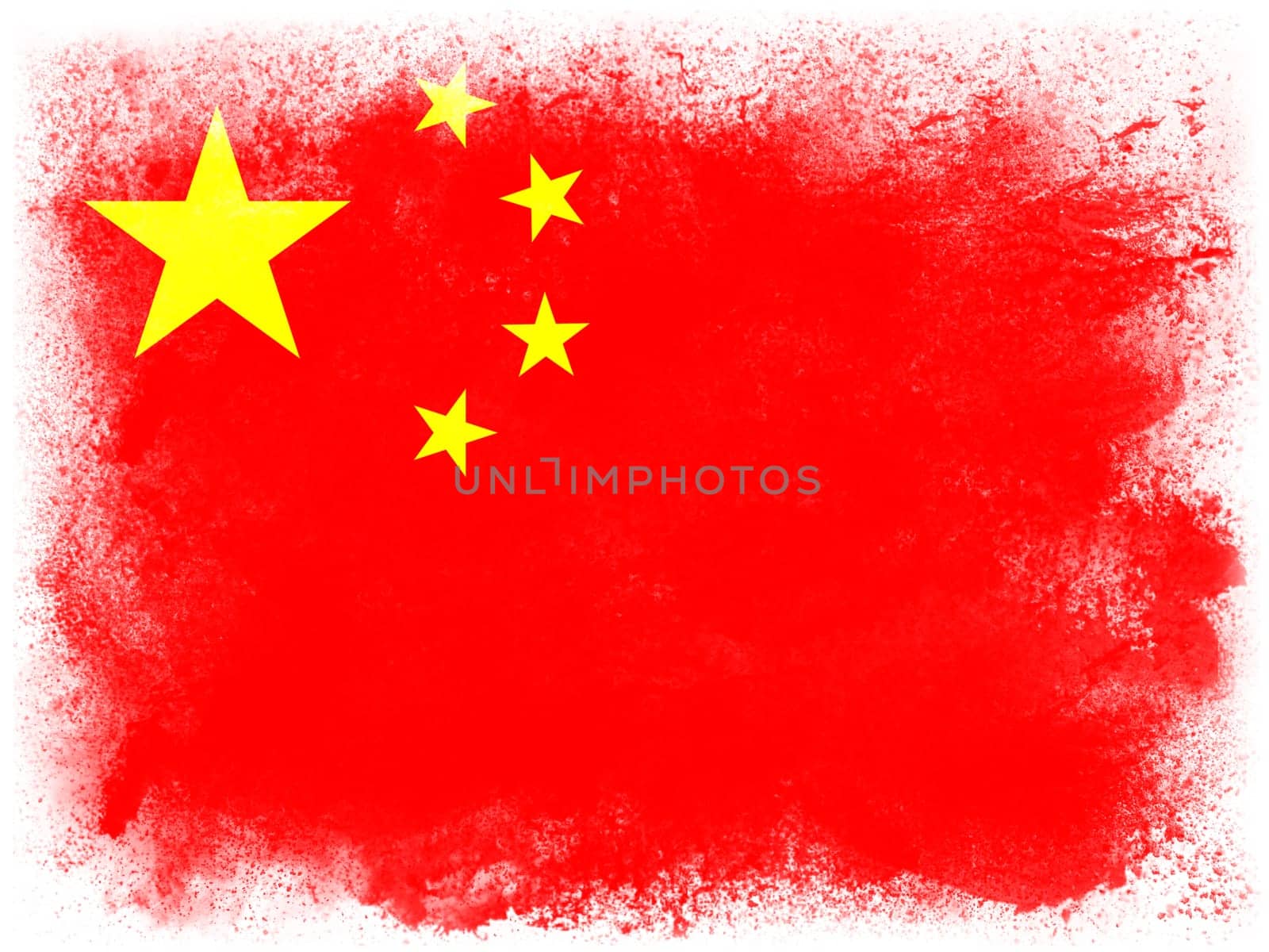 Powder paint exploding in colors of China flag isolated on white background. Abstract particles explosion of colorful dust.