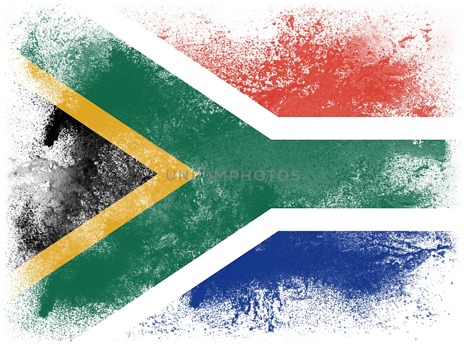 Powder paint exploding in colors of South Africa flag isolated on white background. Abstract particles explosion of colorful dust.