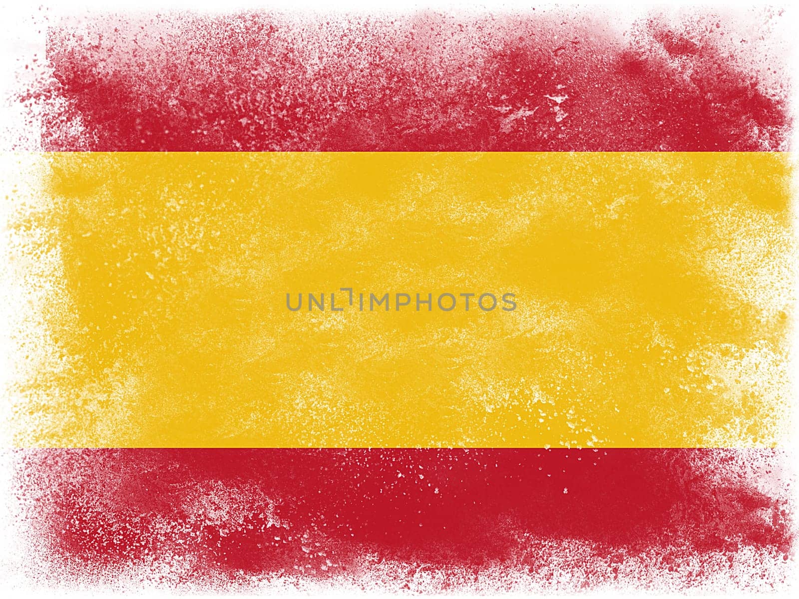Powder paint exploding in colors of Spain flag isolated on white background. Abstract particles explosion of colorful dust.