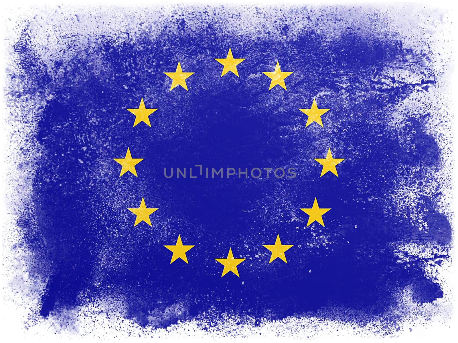 Powder paint exploding in colors of European Community flag isolated on white background. Abstract particles explosion of colorful dust.