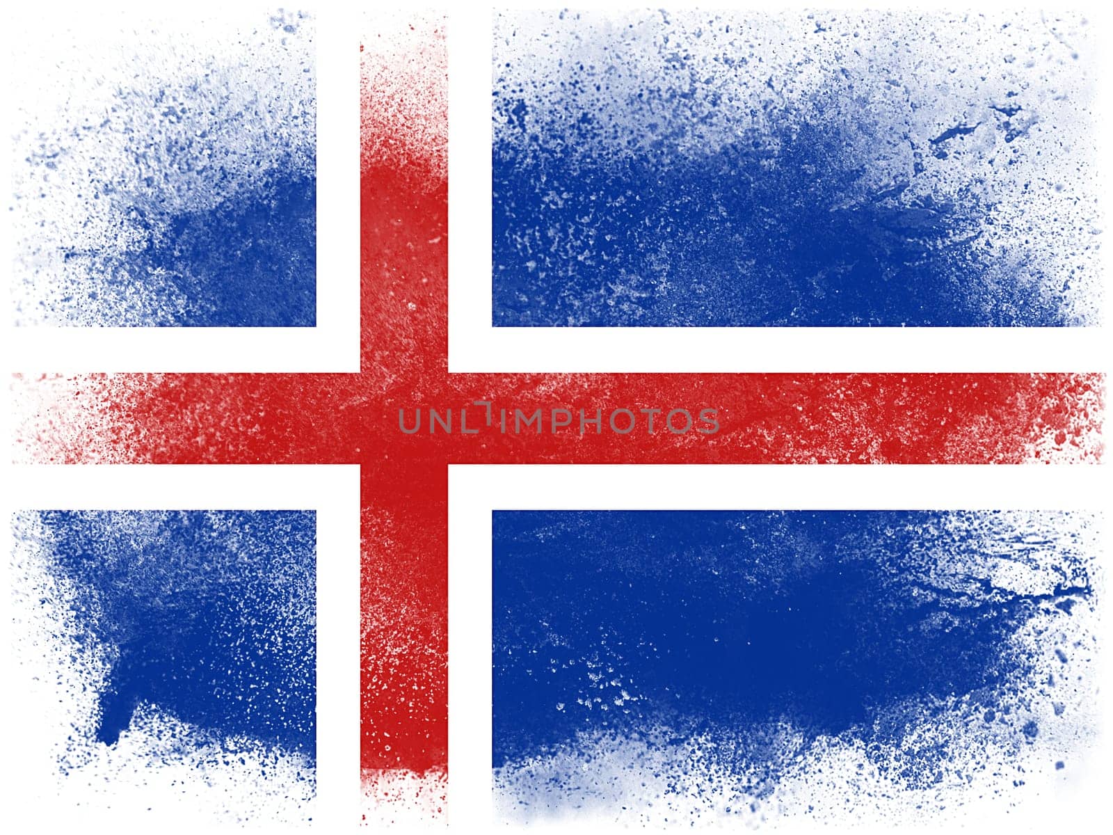 Powder paint exploding in colors of Iceland flag isolated on white background. Abstract particles explosion of colorful dust.