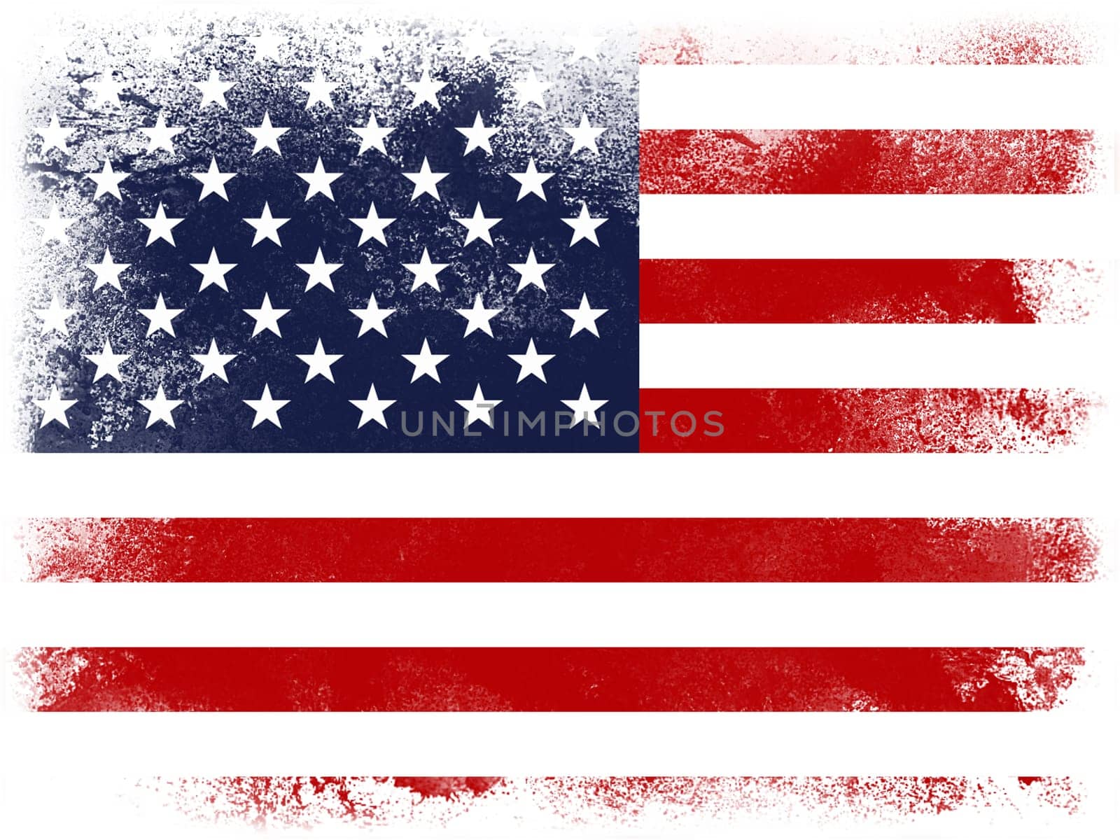 Powder paint exploding in colors of United States flag isolated on white background. Abstract particles explosion of colorful dust.