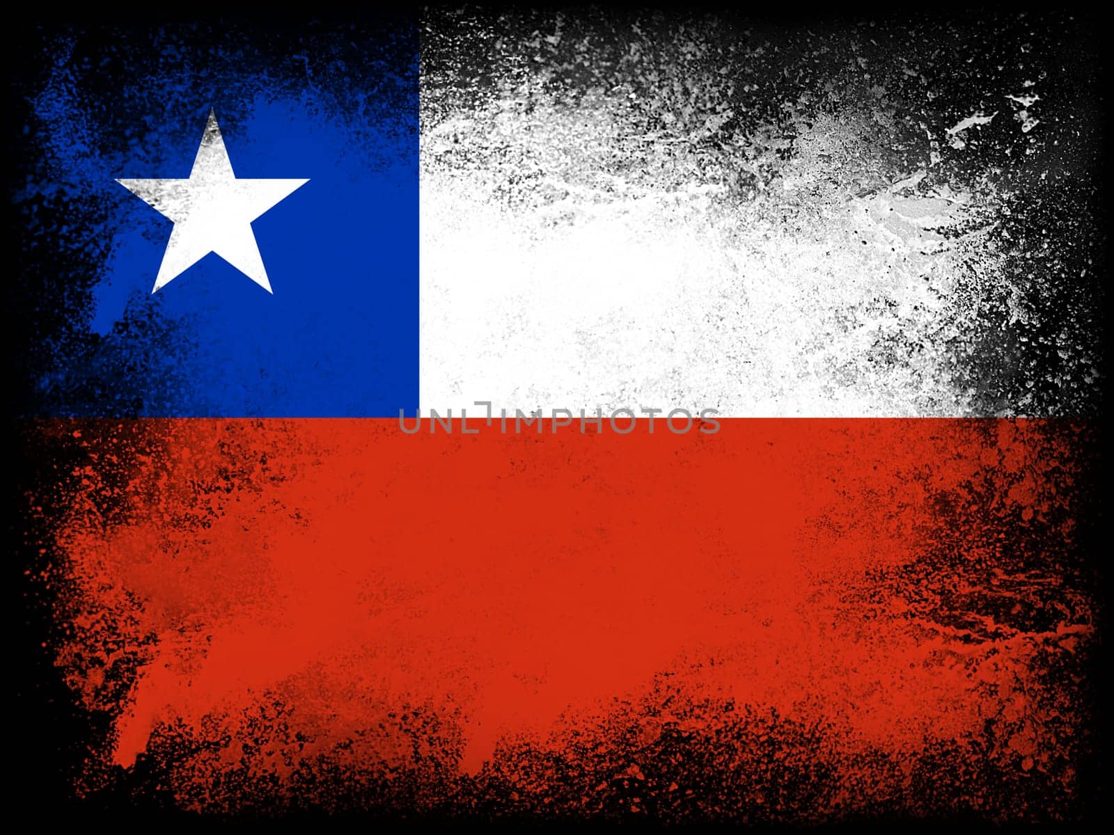 Powder paint exploding in colors of Chile flag isolated on black background. Abstract particles explosion of colorful dust.