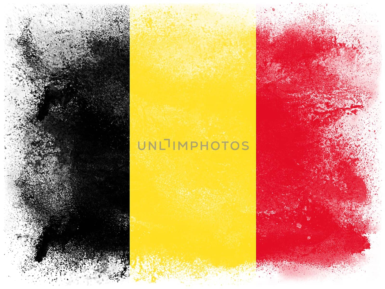 Powder paint exploding in colors of Belgium flag isolated on white background. Abstract particles explosion of colorful dust.