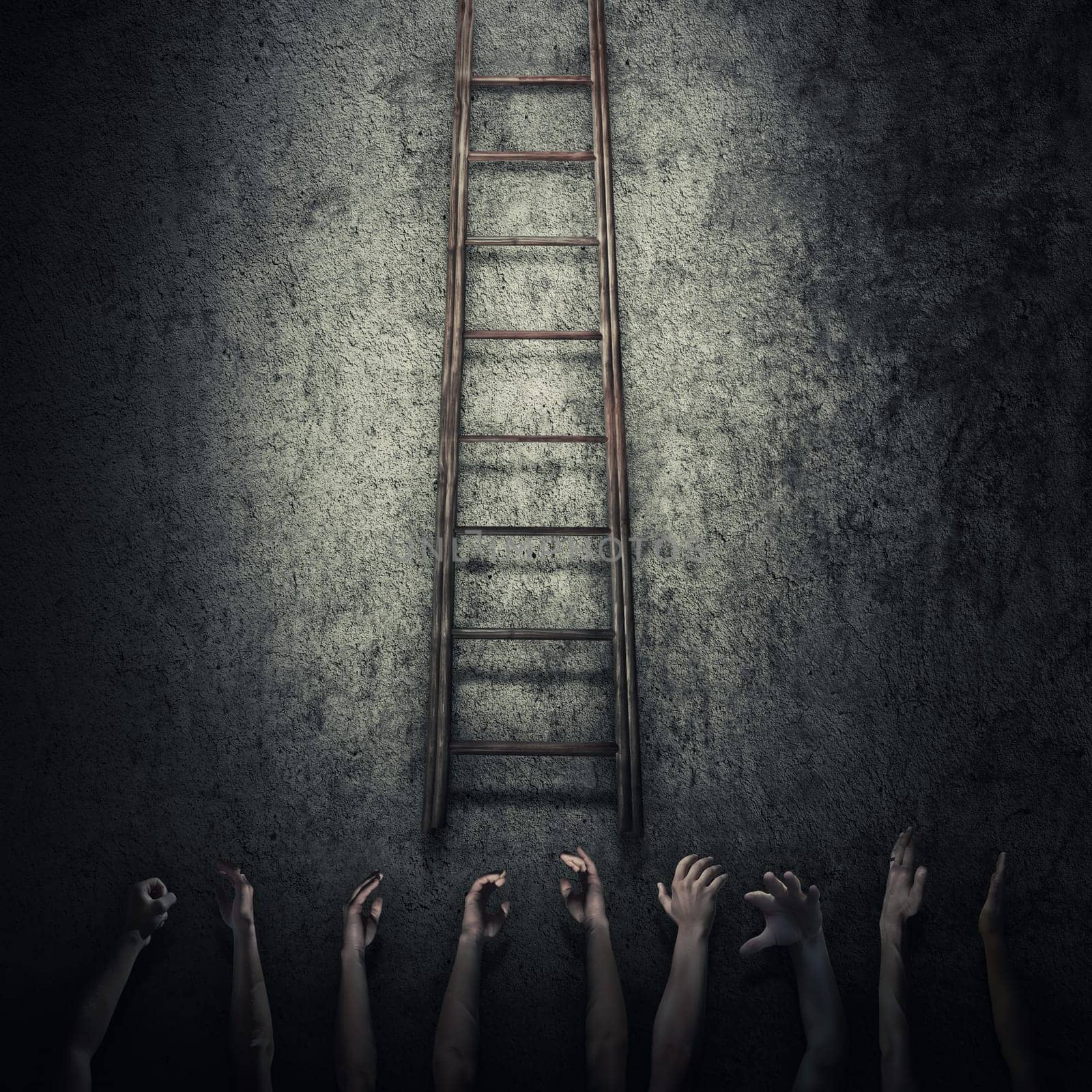 Abstract idea concept as a lot of human hands stretched out to reach a ladder and escape from a dark room prison. Surrounded by limitations, danger and fear symbol.