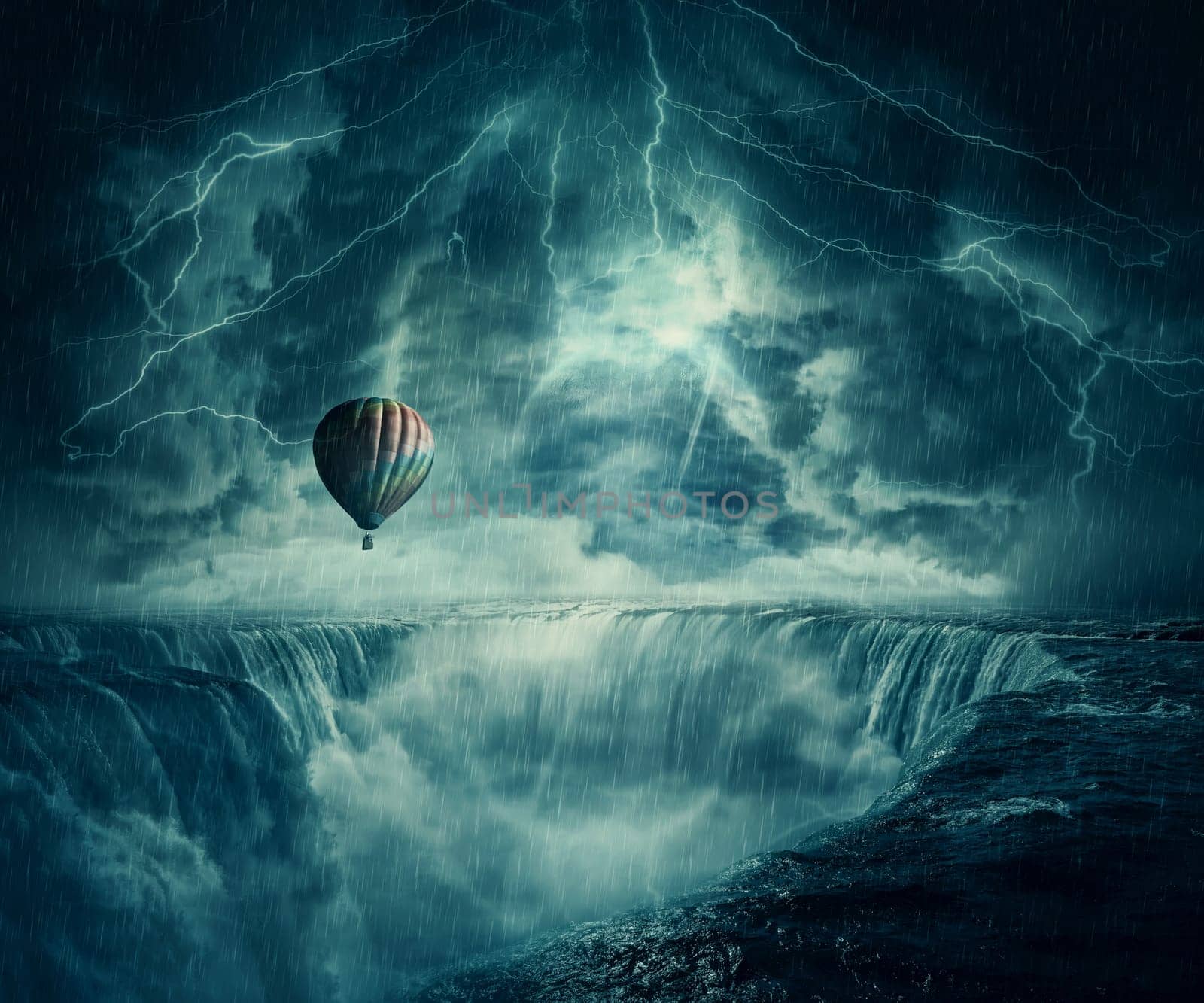 Inspirational imaginary view, scary landscape as a hot air balloon fly over the chasm of a foggy waterfall below a dark stormy sky.