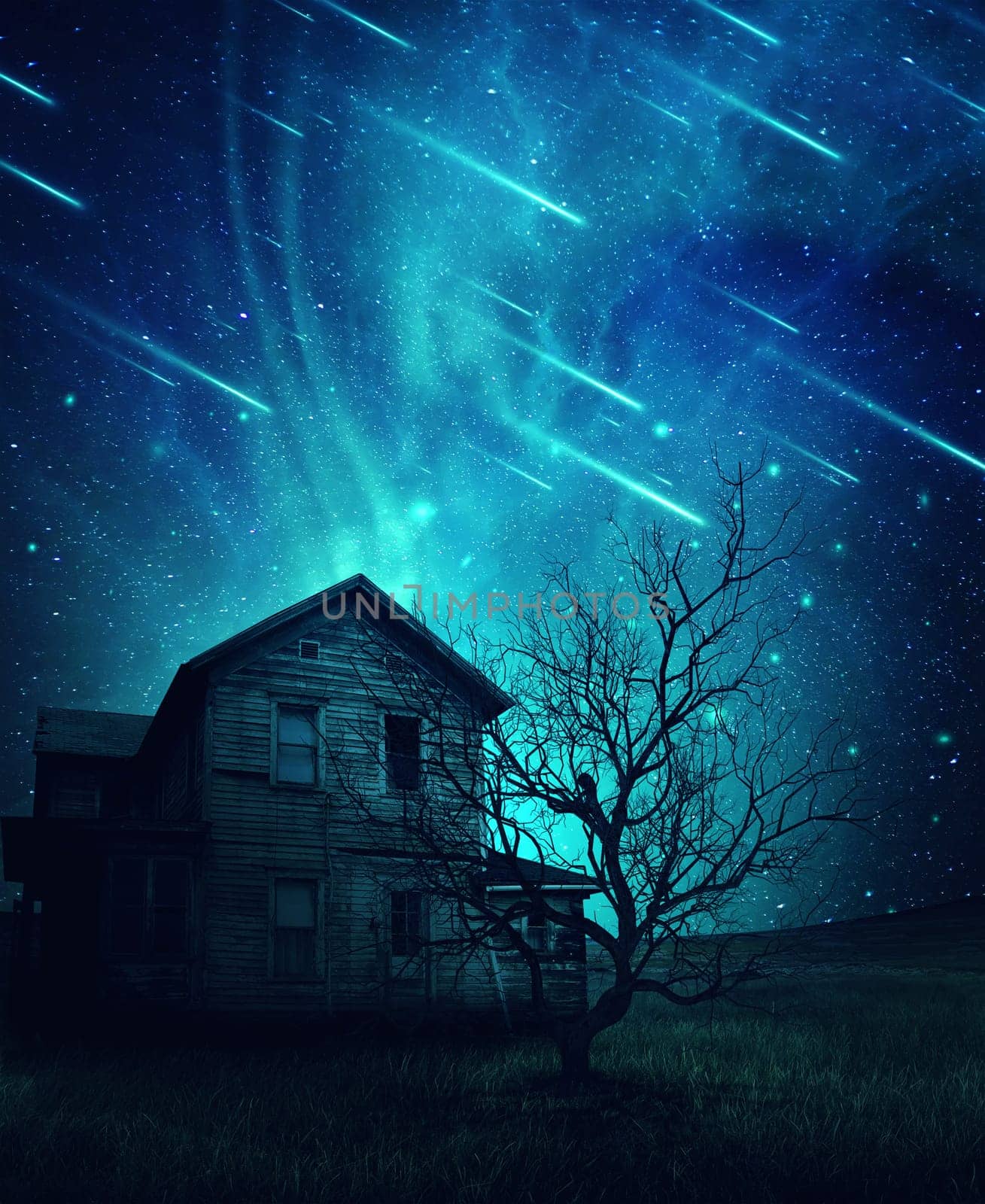 A ghost, haunted house and a scary tree in the meadow below a cold dark blue sky. Spooky landscape with a starry night sky background and fallen comets.