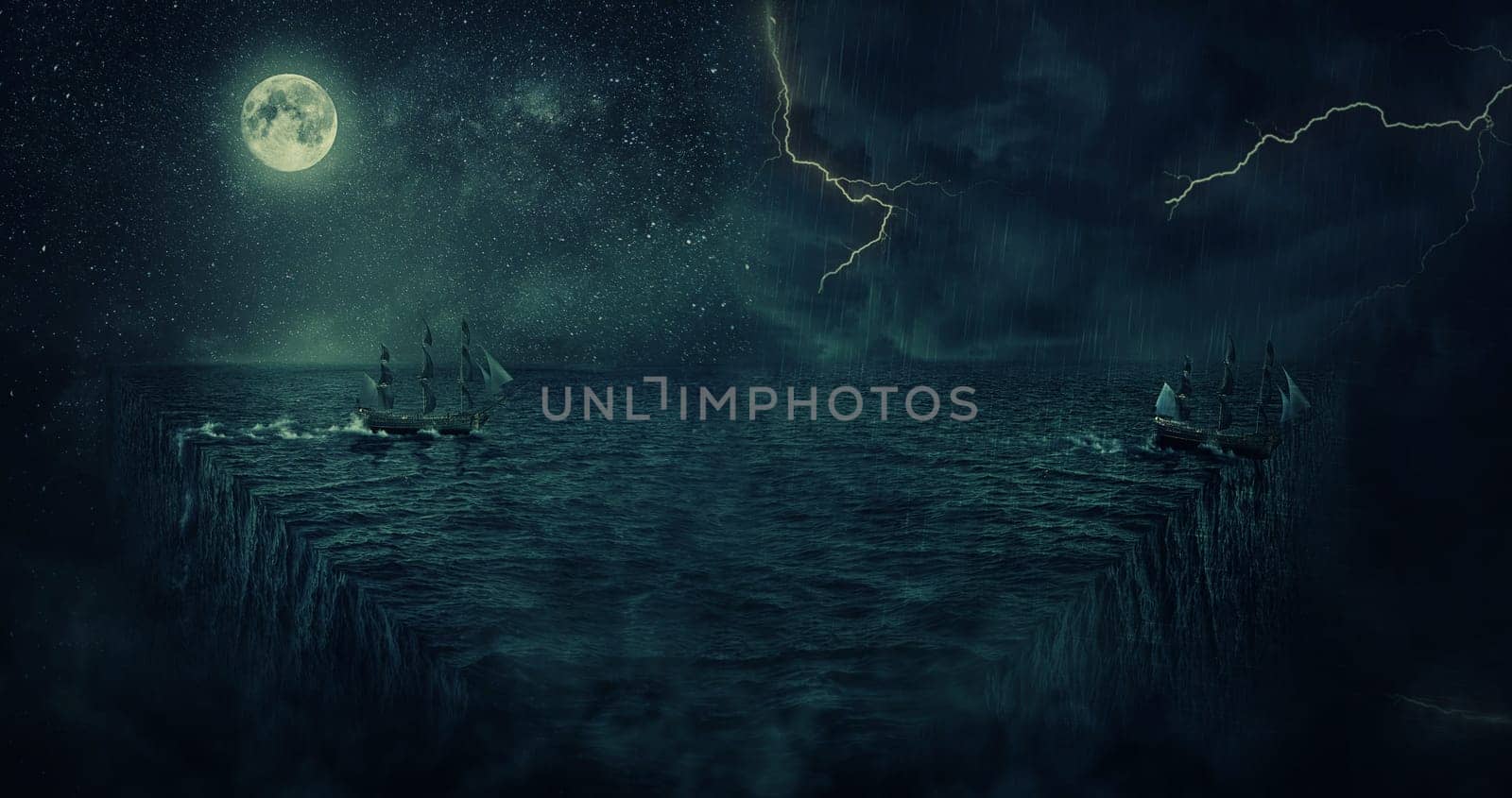 Abstract background with a ship sailing lost in the ocean at night. Adventure and journey concept. Parallel universe, repetitive continuity and multiverse theory