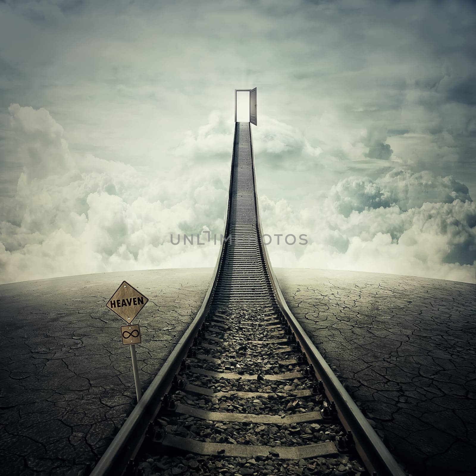 Railroad of opportunity along a cracked desert ground, going up as a staircase to a opened door in the sky, road to heaven symbol. Success plan, business concept