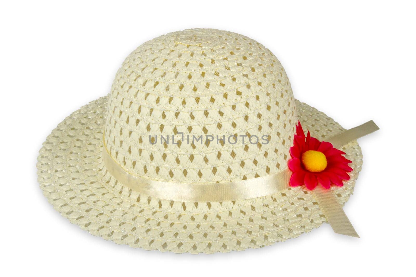 Straw hat with flower exposed on white background