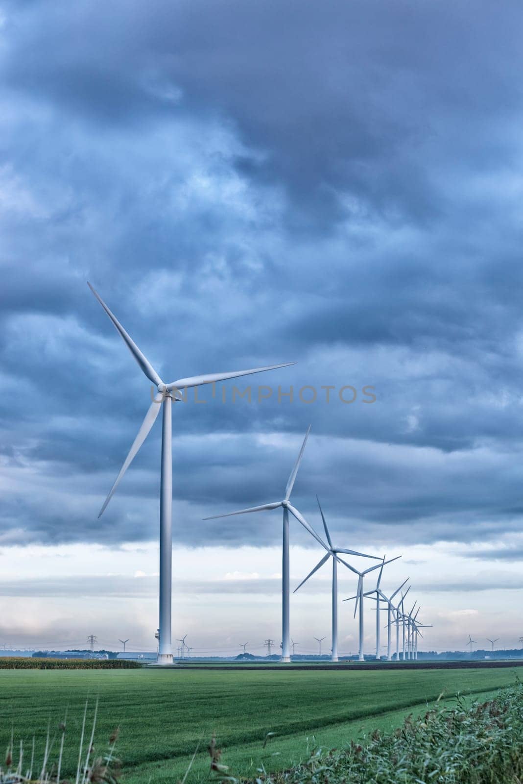 row of wind turbines in early morning in a flat dutch landscape