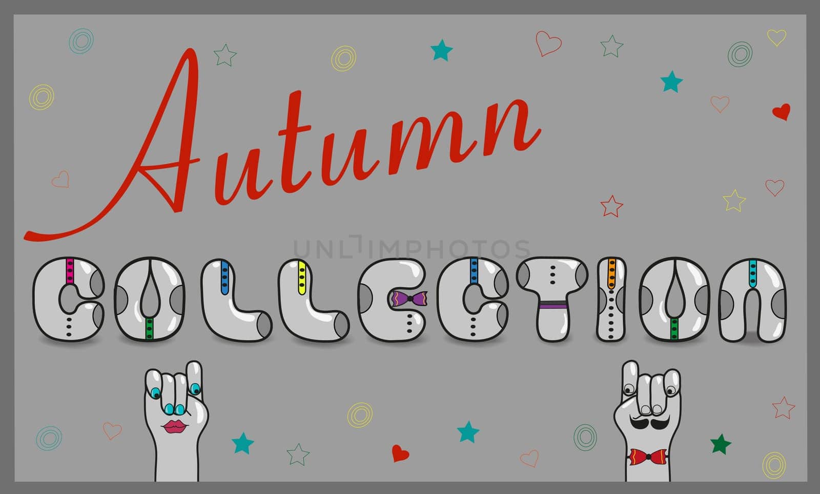 Inscription Autumn Collection. Artistic font. Gray letters with colorful ties. Cartoon hands looking at each other. illustration
