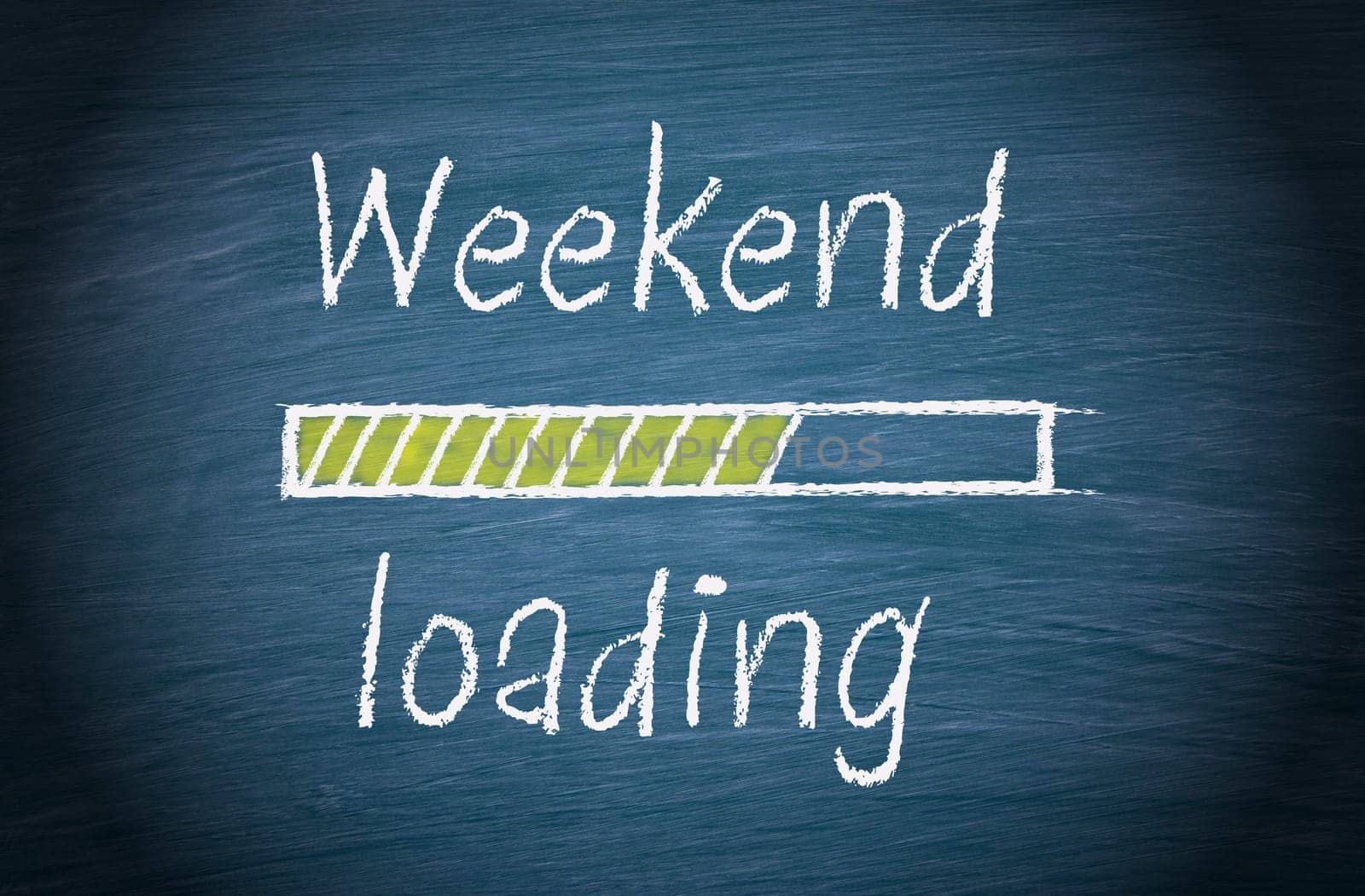 Weekend loading, blue chalkboard with text
