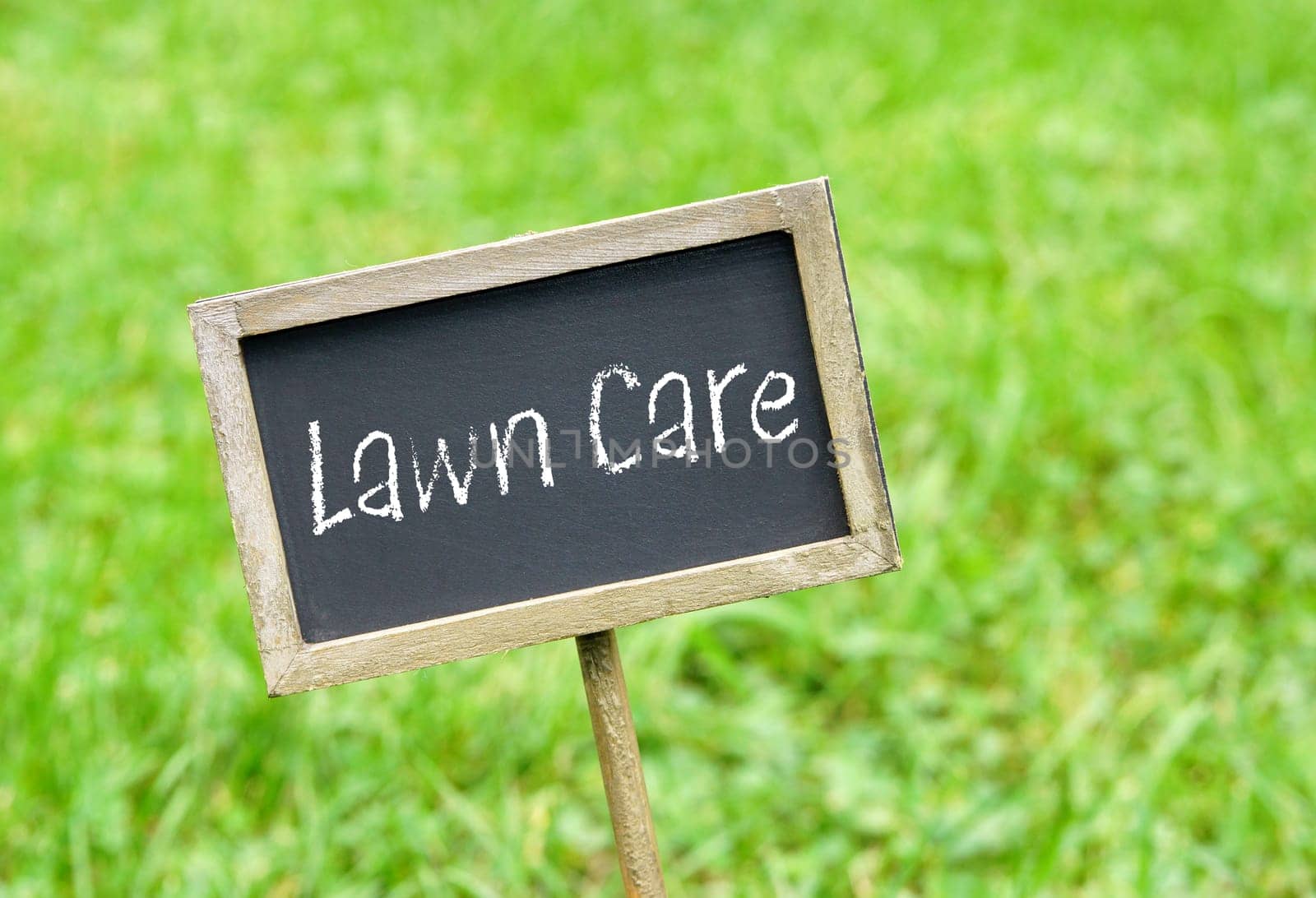 Lawn Care - chalkboard on green grass background by doc-media