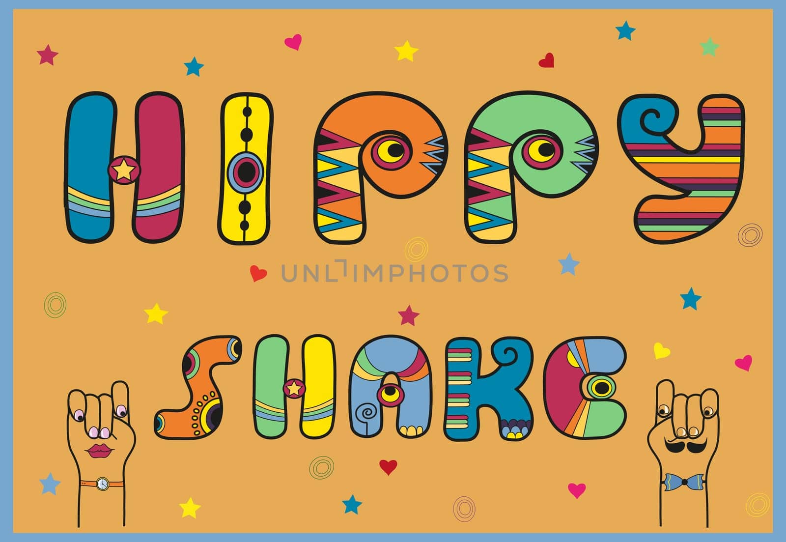 Inscription Hippy Shake. Artistic font. Vintage Letters. Cartoon hands. Illustration