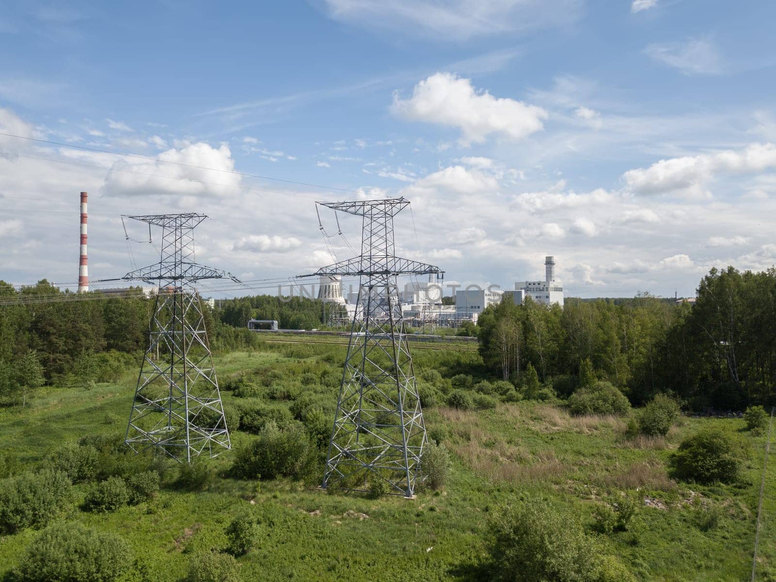 Aerial view of electricity wires pillar drone top view