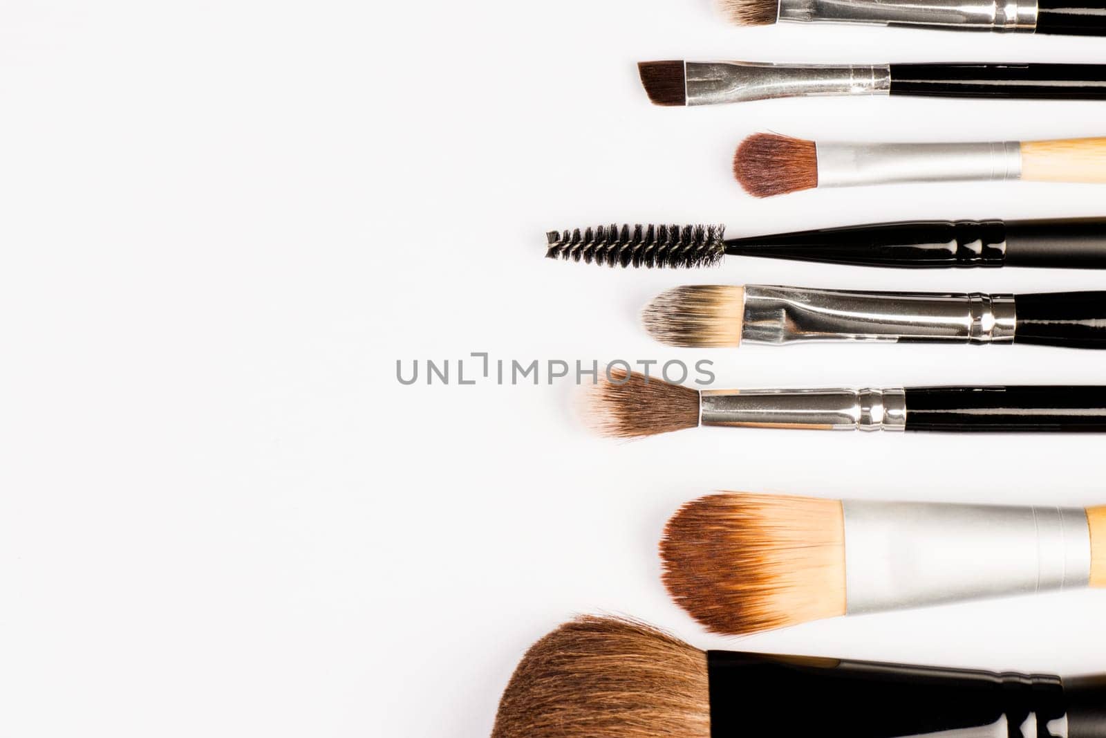 Different make up brushes are on white background.