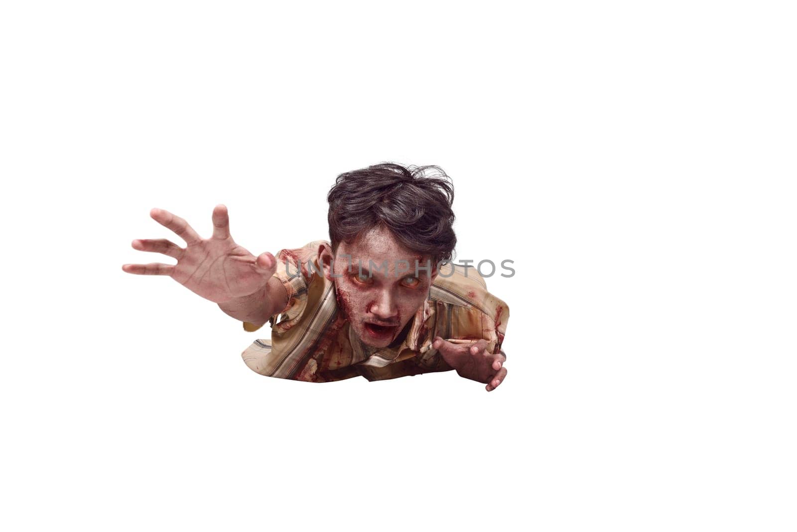 Spooky asian undead man crawling isolated over white background