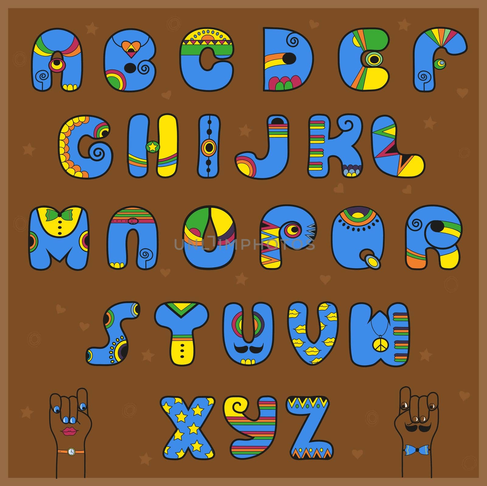 Artistic blue and yellow alphabet. Brown background. Cartoon hands. Illustration