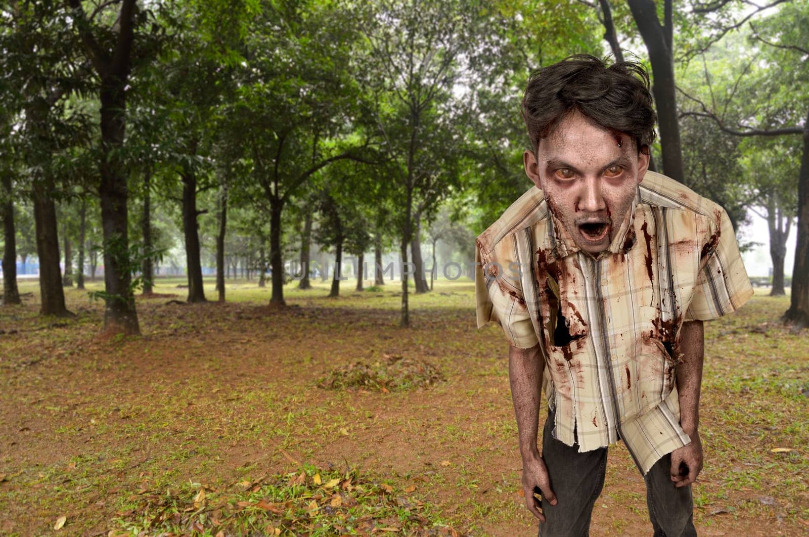 Portrait of screaming asian zombie man in the woods at day