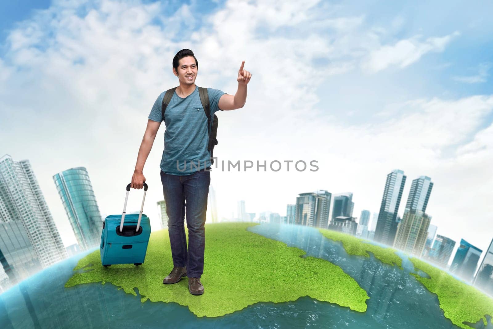 Handsome asian backpacker with suitcase traveling around the world over futuristic background