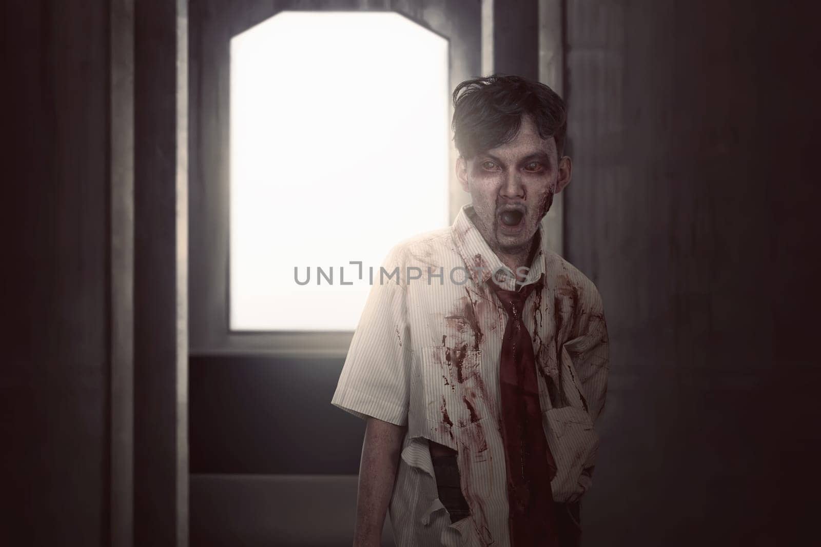 Scary asian zombie man in clothes standing on the dark room